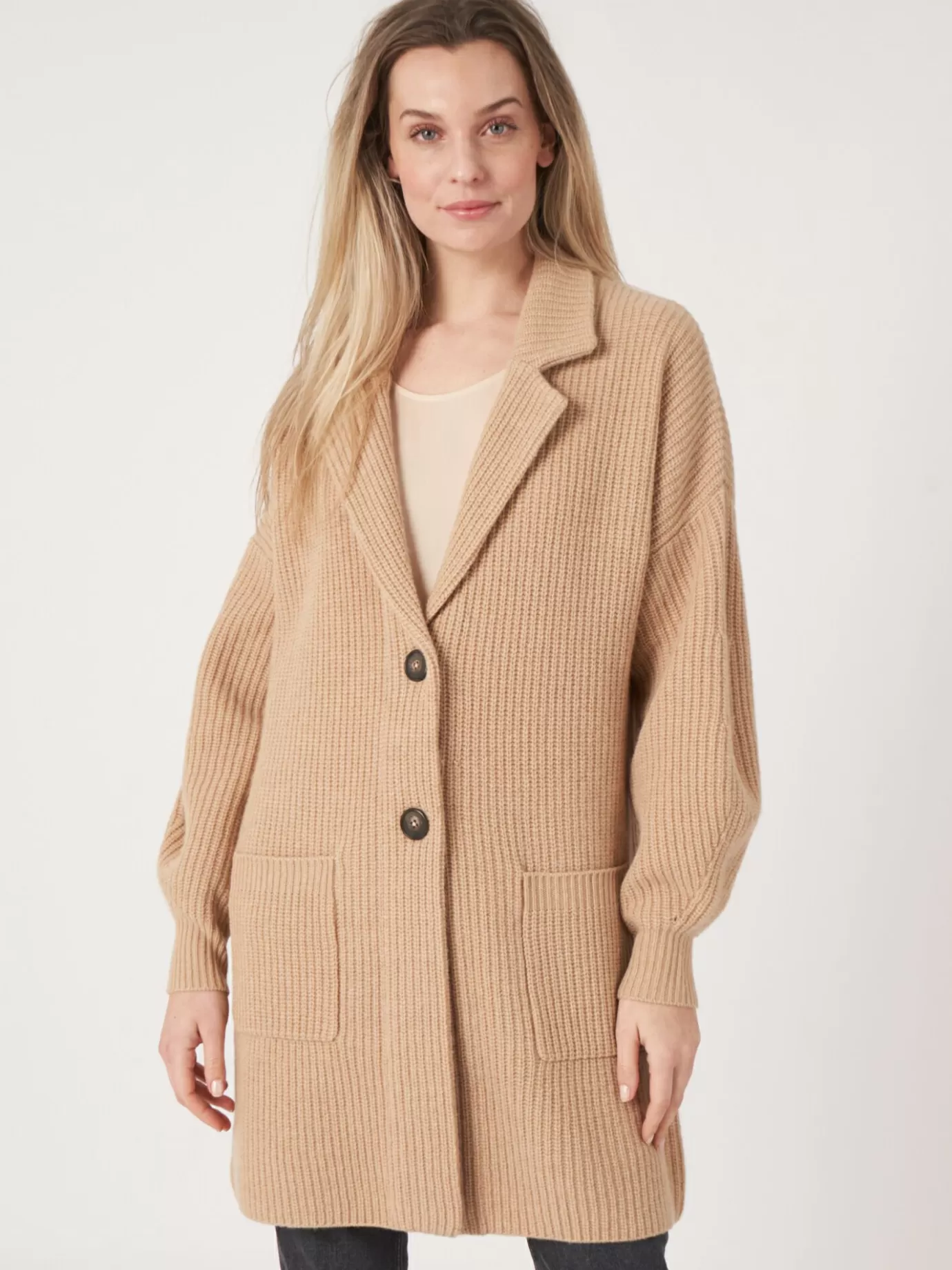 REPEAT cashmere Vesten<Halflang Vest Met Rib En Reverskraag Luitenant Kameel