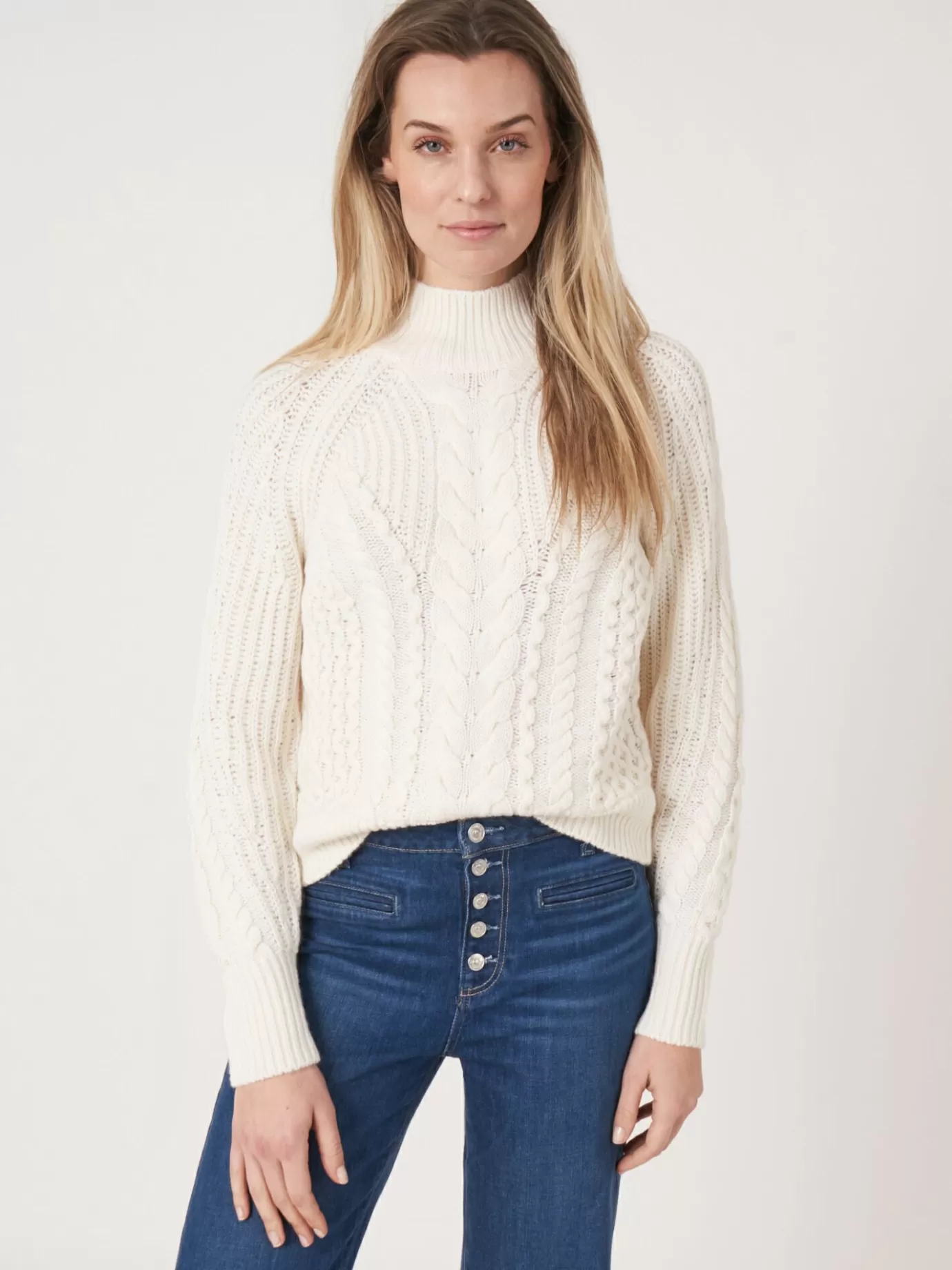 REPEAT cashmere Truien<Kabeltrui Van Merinowol Met Opstaande Kraag Room