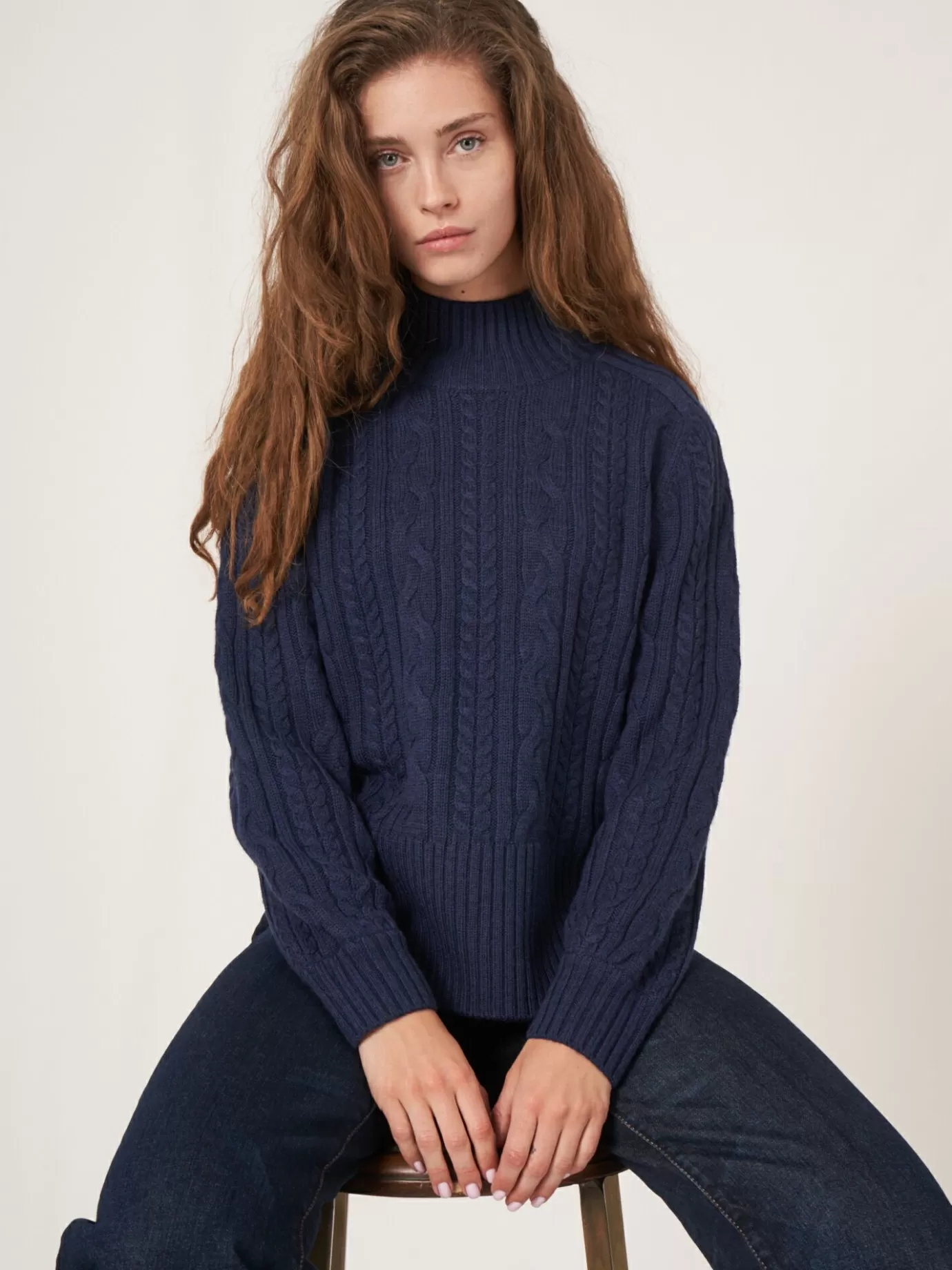 REPEAT cashmere Truien<Kabeltrui Van Merinowol Met Ronde Zoom Donkerblauw