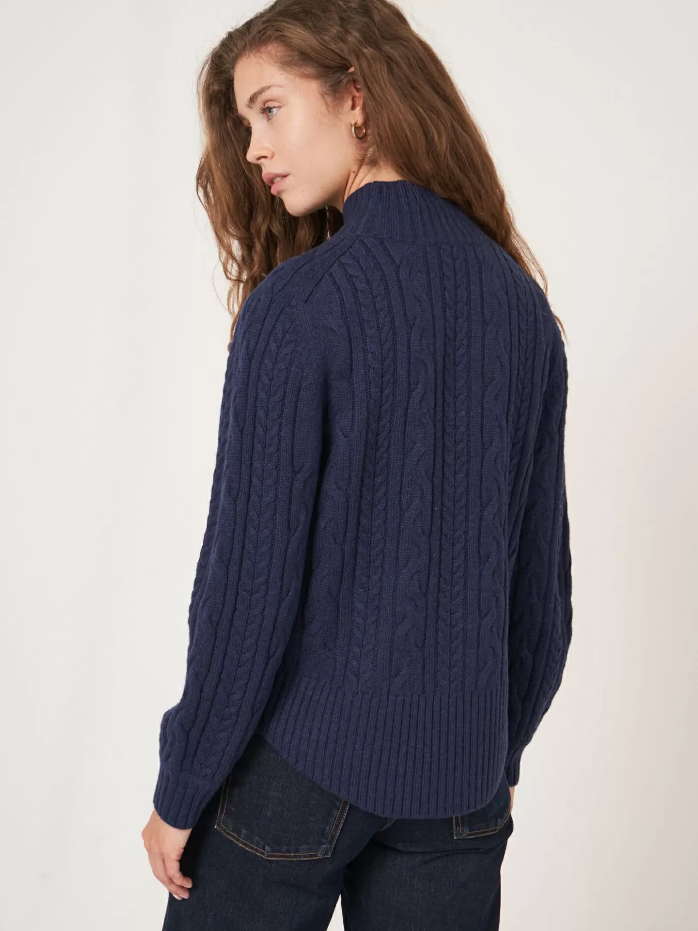 REPEAT cashmere Truien<Kabeltrui Van Merinowol Met Ronde Zoom Donkerblauw