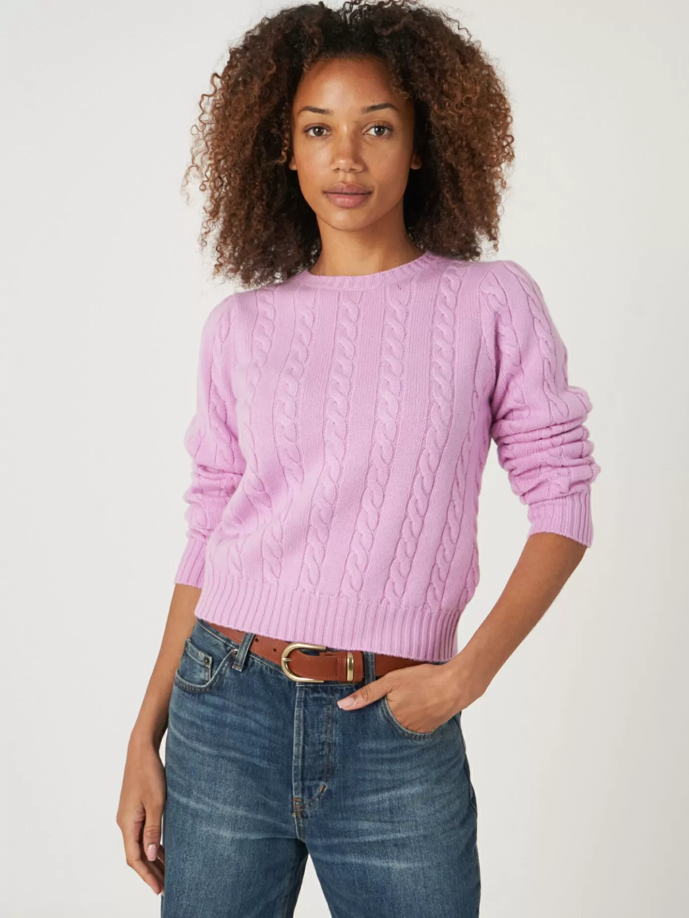 REPEAT cashmere Truien<Korte, Gebreide Sweater Met Kabelpatroon Van Cashmeremix Snoep