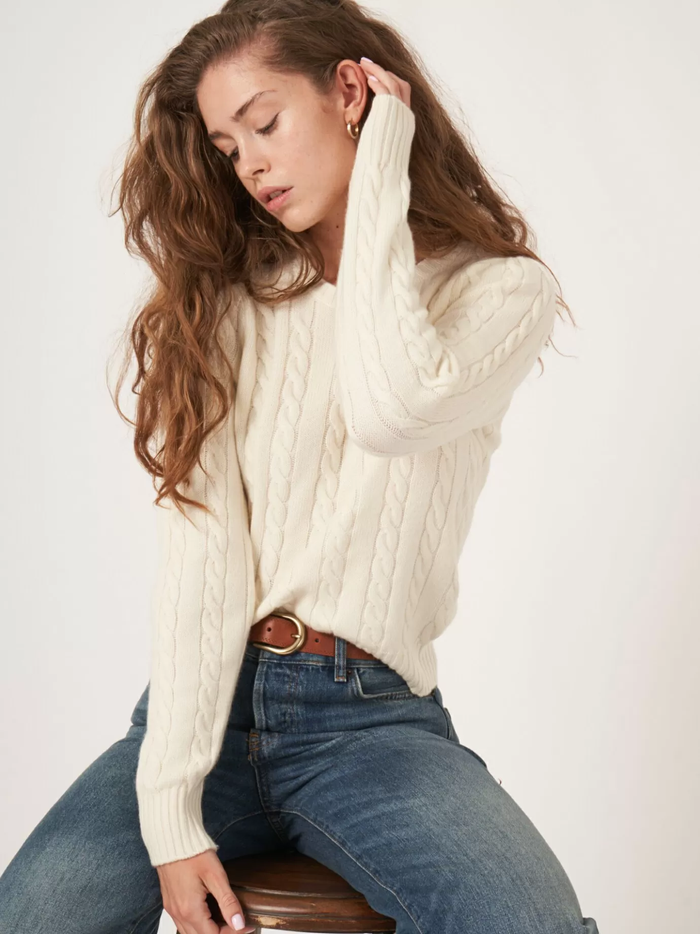 REPEAT cashmere Truien<Korte, Gebreide Sweater Met Kabelpatroon Van Cashmeremix Room