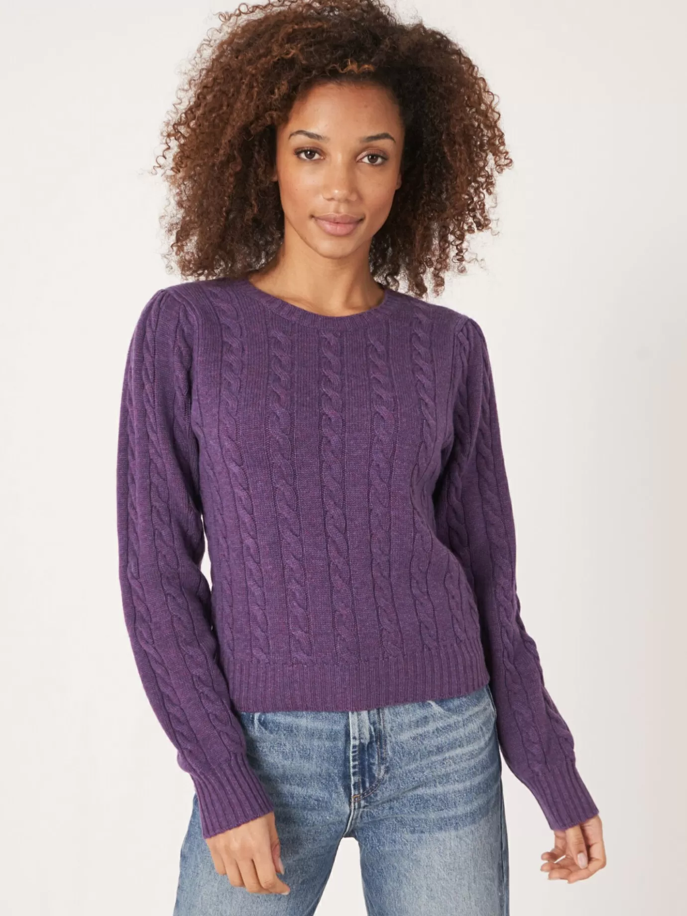 REPEAT cashmere Truien<Korte, Gebreide Sweater Met Kabelpatroon Van Cashmeremix Amethist