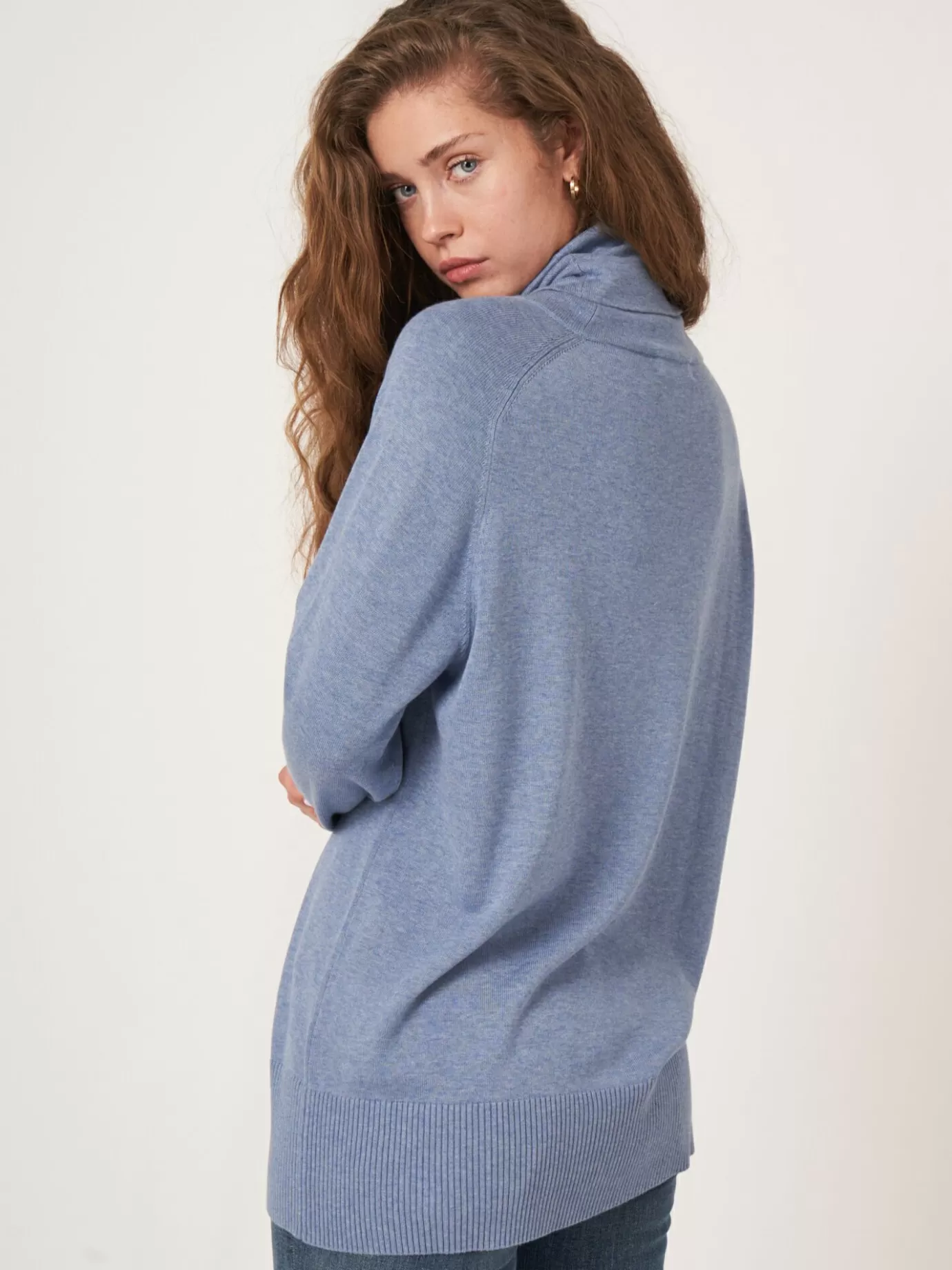 REPEAT cashmere Truien<Lange Fijn Gebreide Coltrui Denim