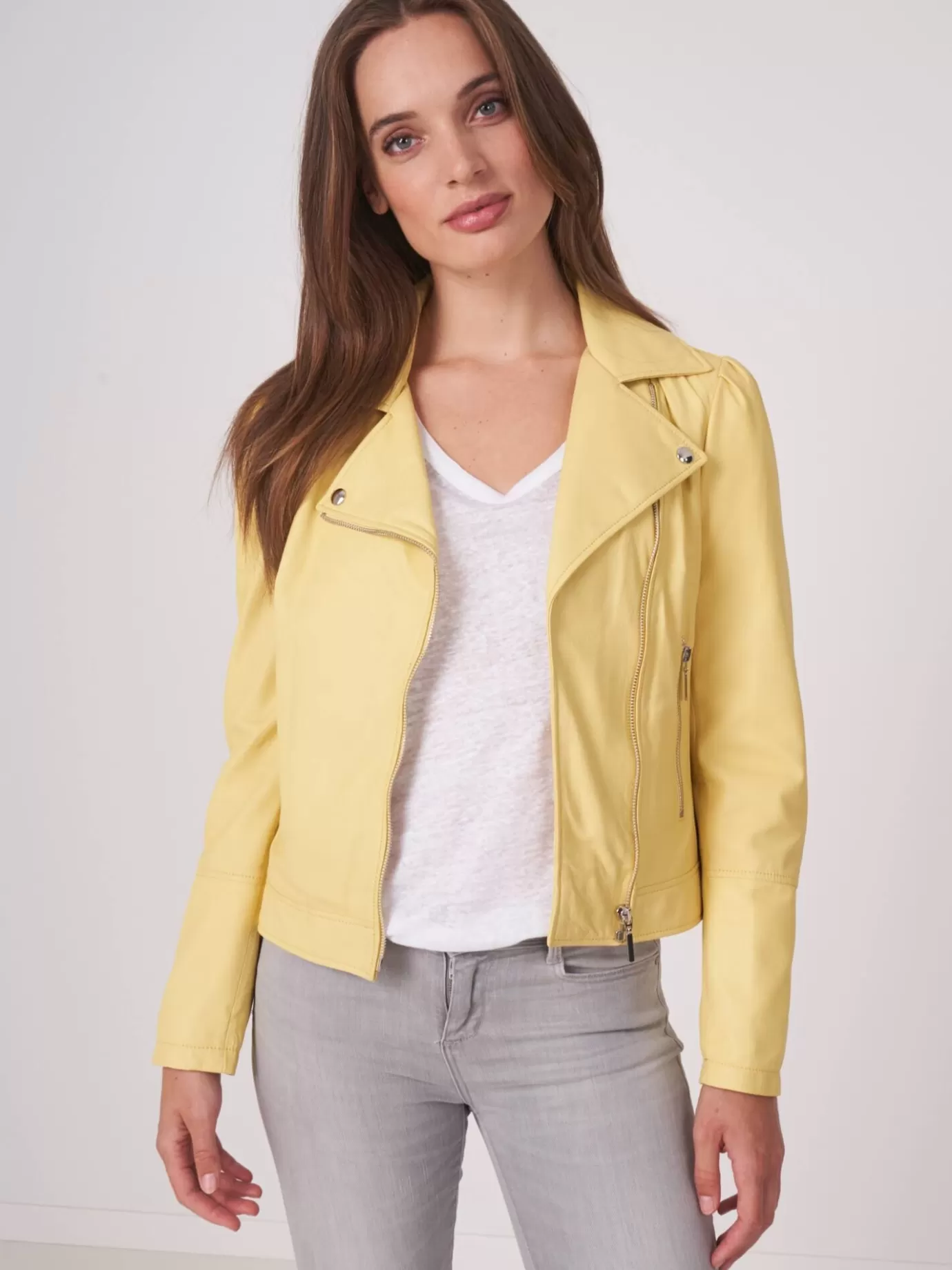 REPEAT cashmere Leer<Leren Bikerjas Met Pofmouwen Limonade