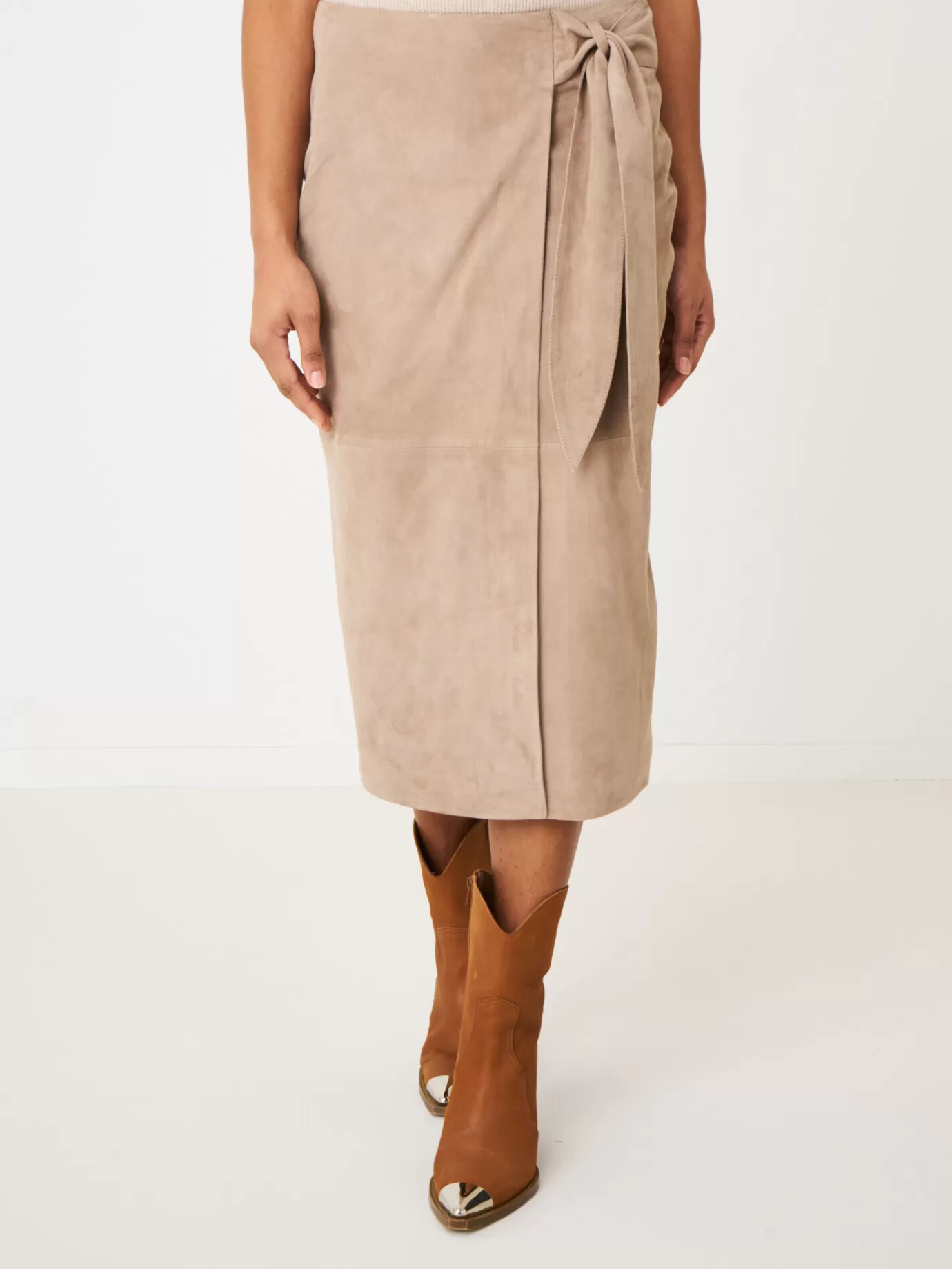 REPEAT cashmere Leer<Leren Overslagrok Met Strik Taupe