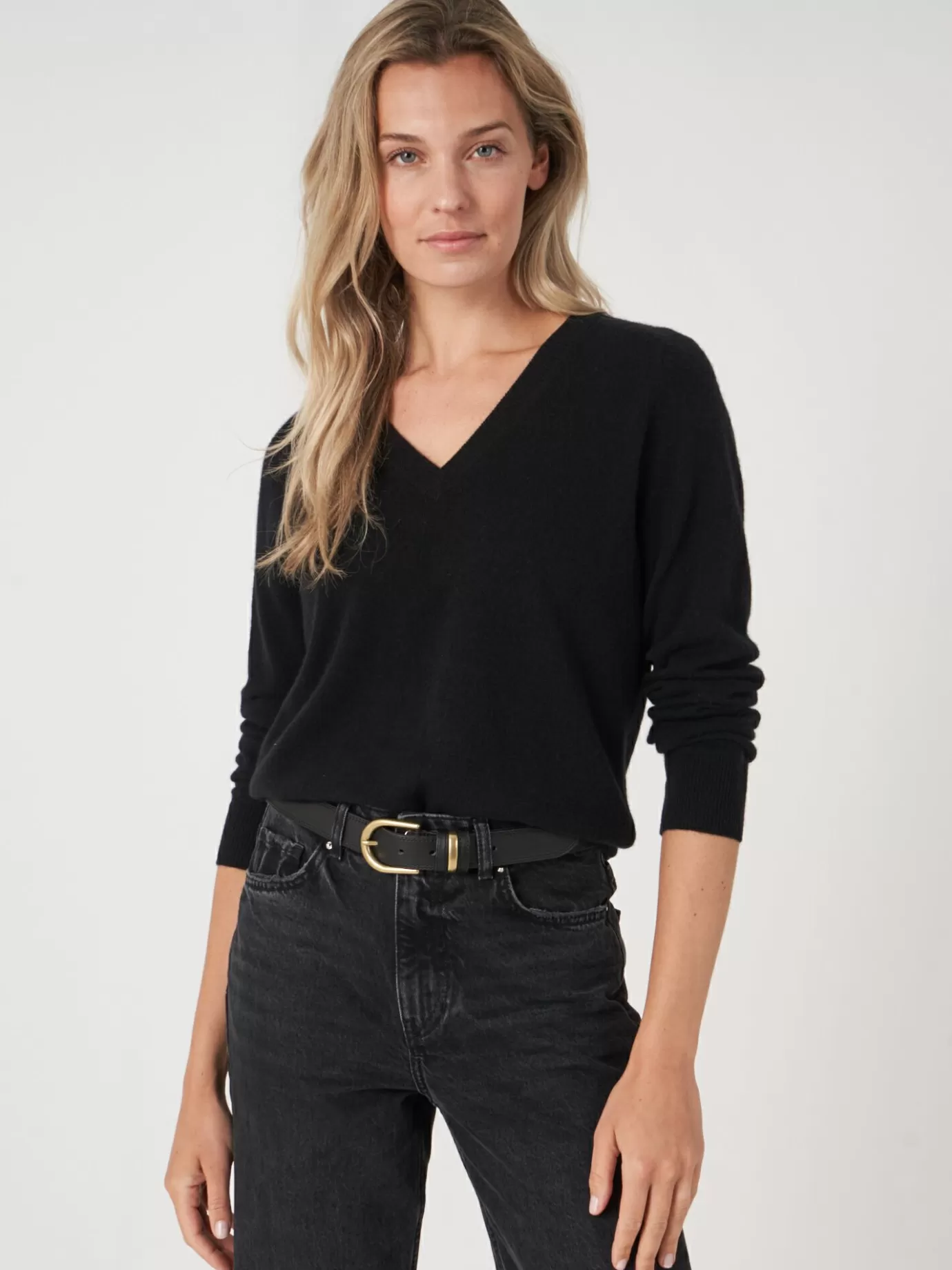 REPEAT cashmere Organic Cashmere<Lichte Cashmere Pullover Met V-Hals Zwart