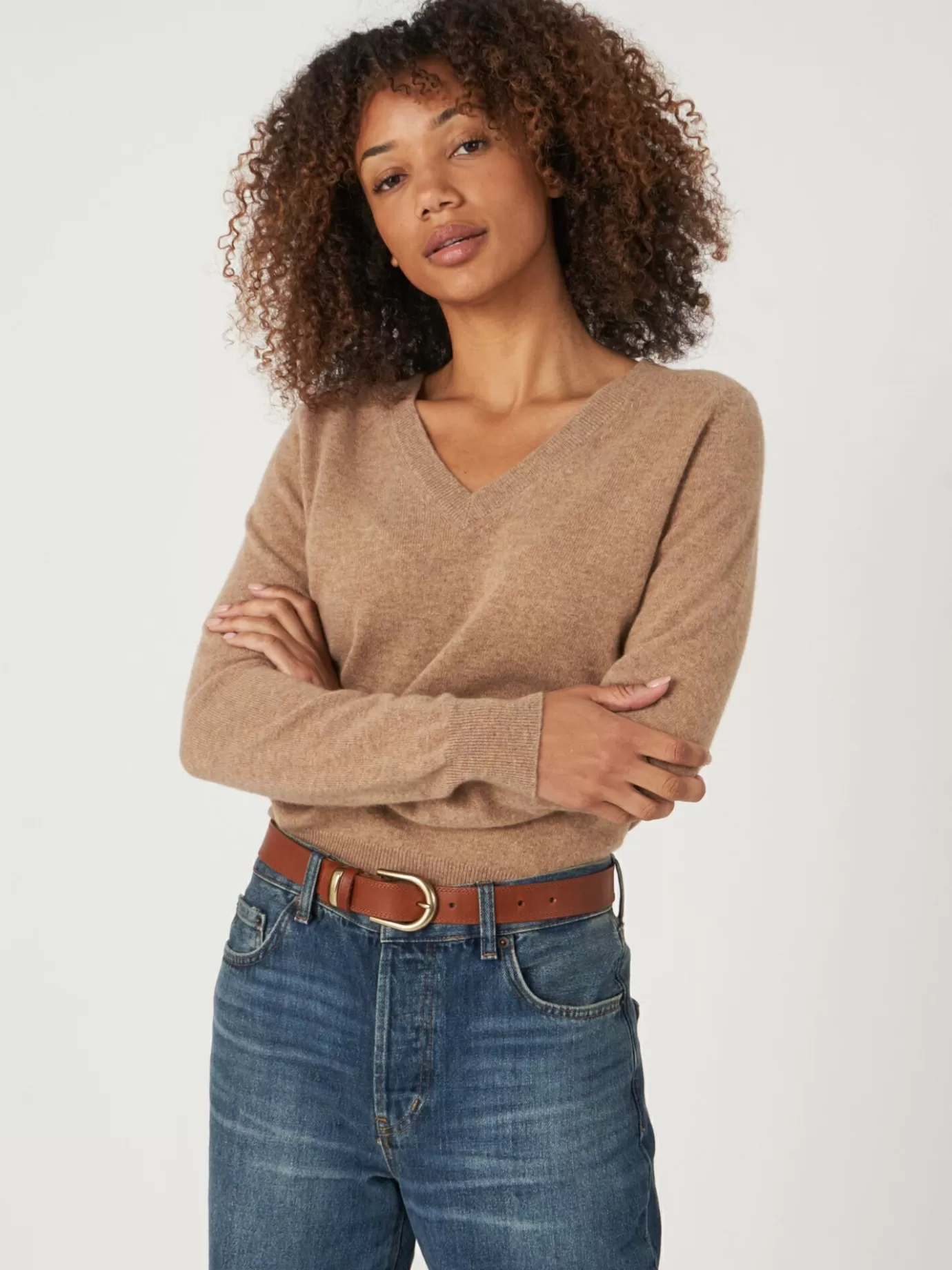 REPEAT cashmere Organic Cashmere<Lichte Cashmere Pullover Met V-Hals Kameel