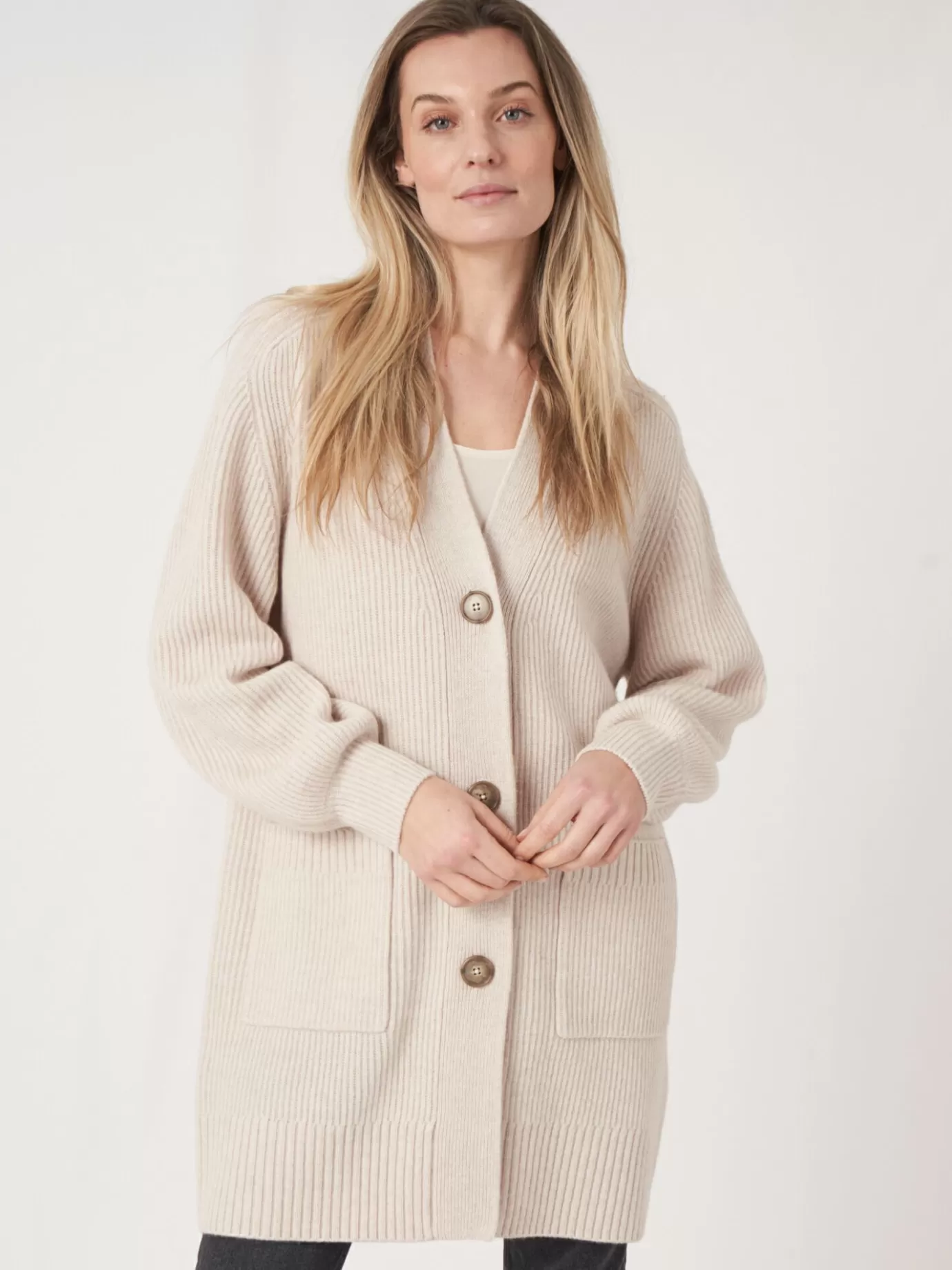 REPEAT cashmere Vesten<Middellang Geribd Vest Met Zakken Maanstof