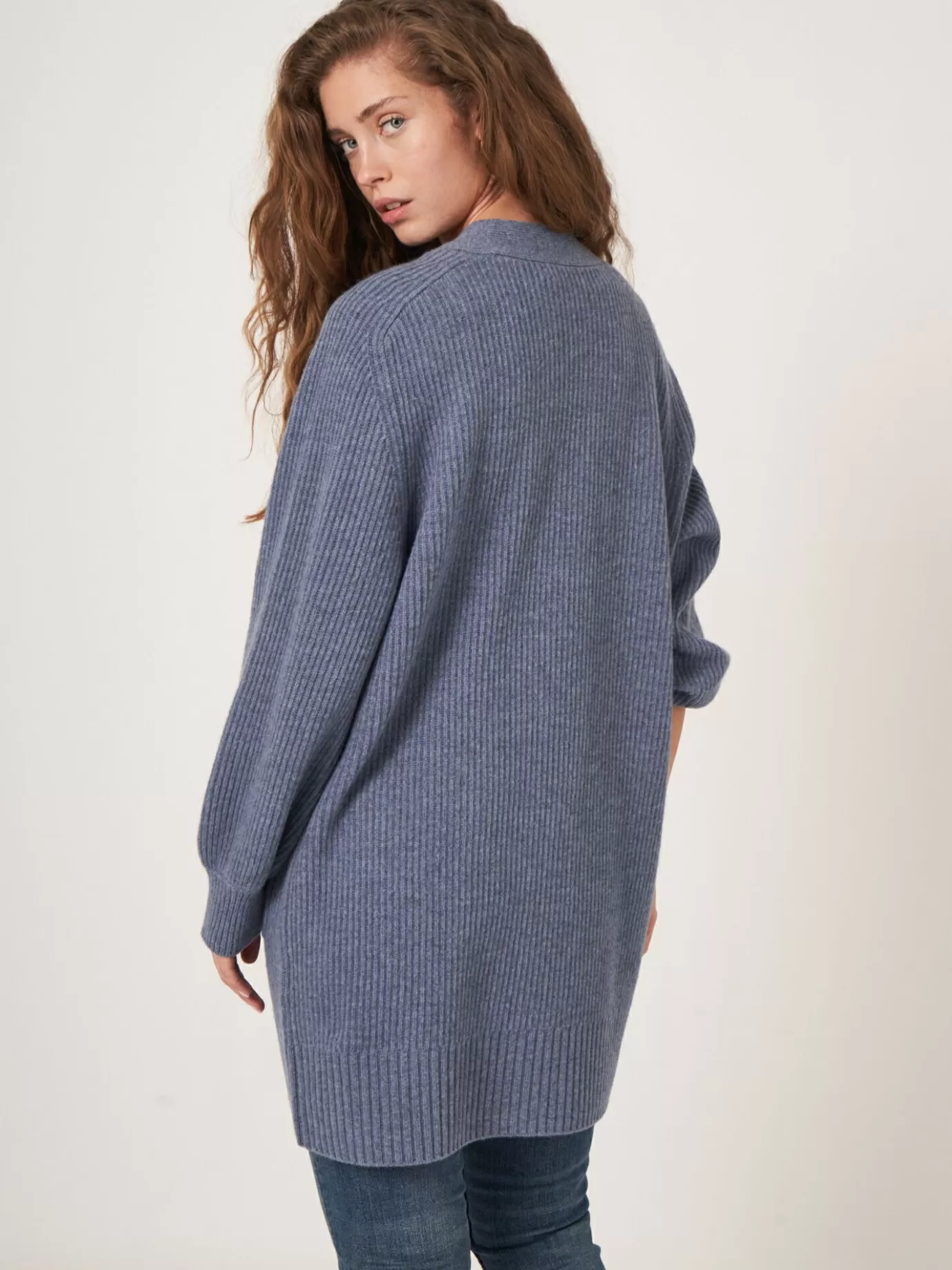 REPEAT cashmere Vesten<Middellang Geribd Vest Met Zakken Ijs Mel