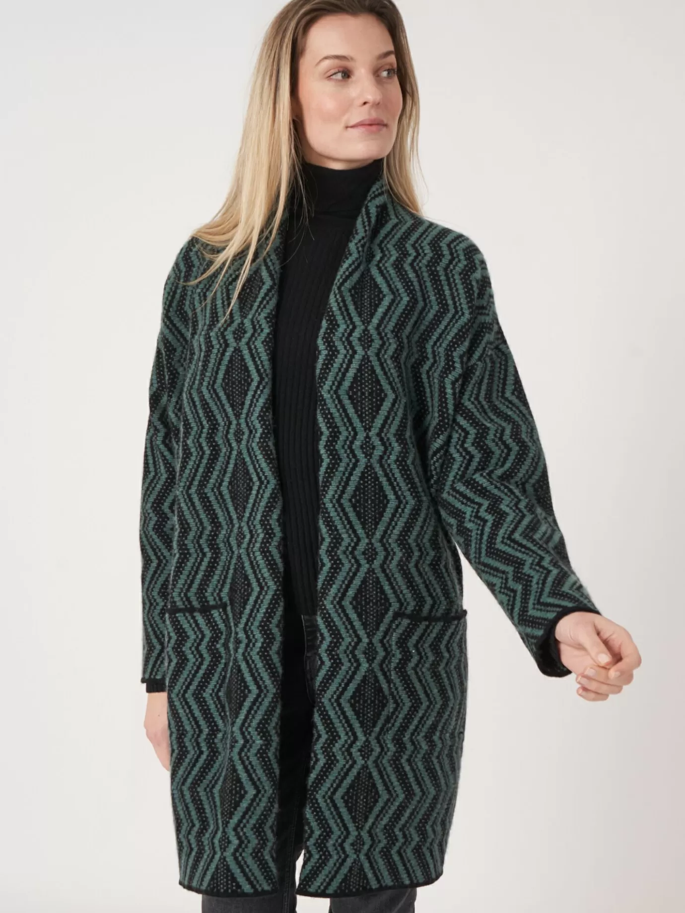 REPEAT cashmere Vesten<Middellang Intarsia-Vest Met Jacquardpatroon Kelp/Zwart