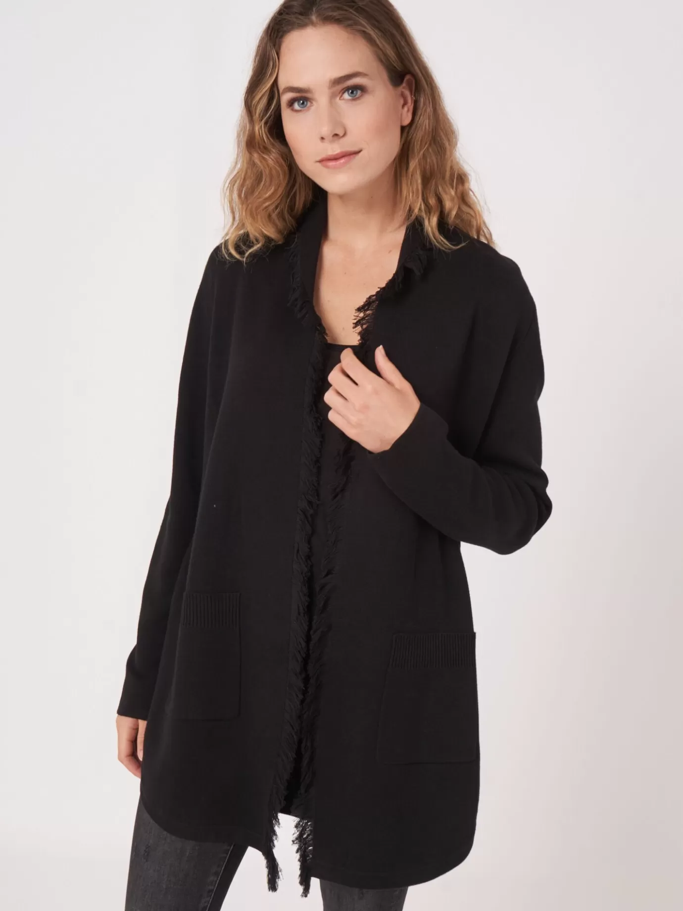 REPEAT cashmere Vesten<Open Cardigan Met Sjaalkraag Met Franjes Zwart