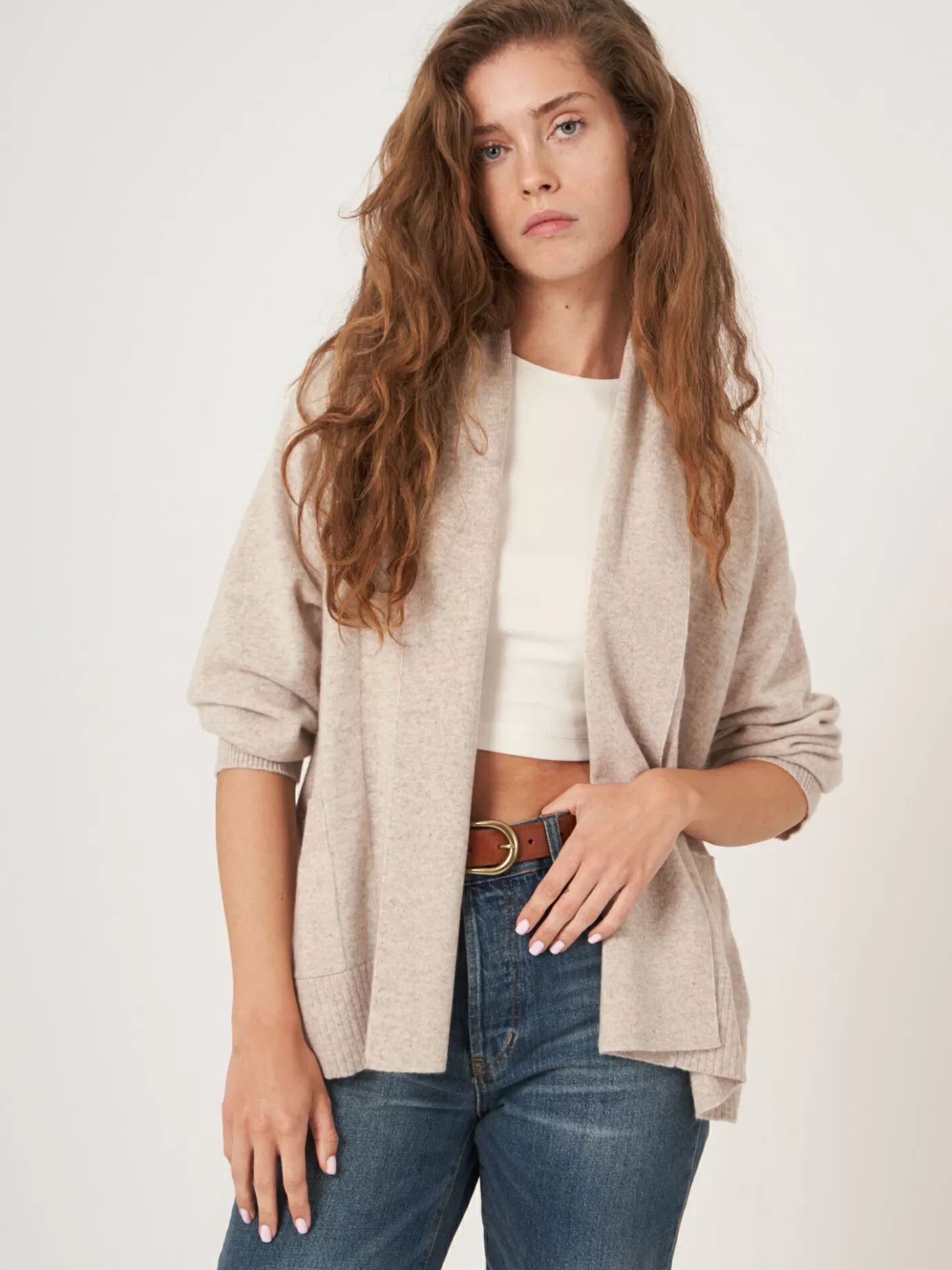 REPEAT cashmere Vesten<Open Cashmere Open Sjaalkraag Vest Met Zakken Beige