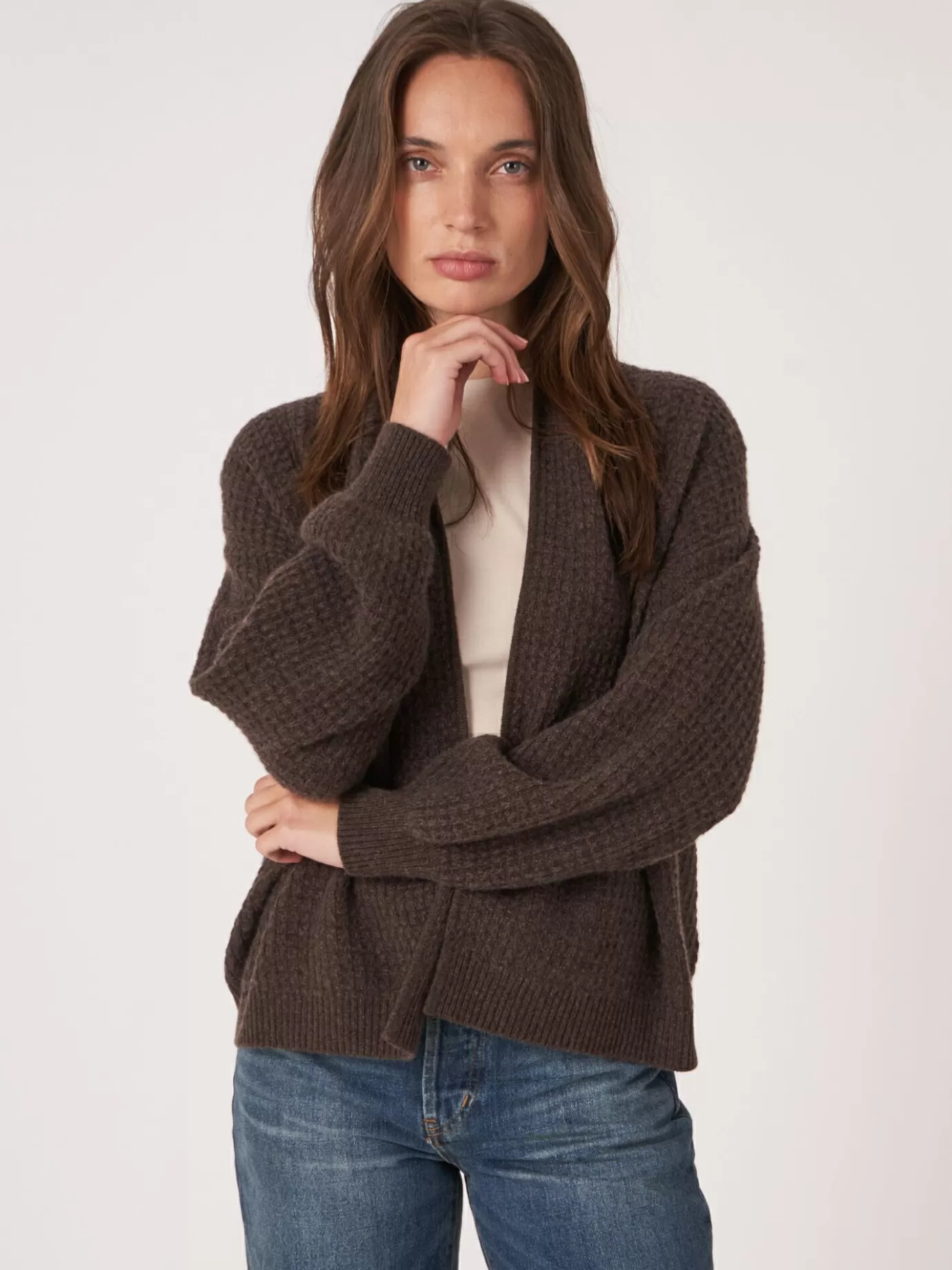 REPEAT cashmere Vesten<Open Cashmere Vest Met Textuur Chocolade