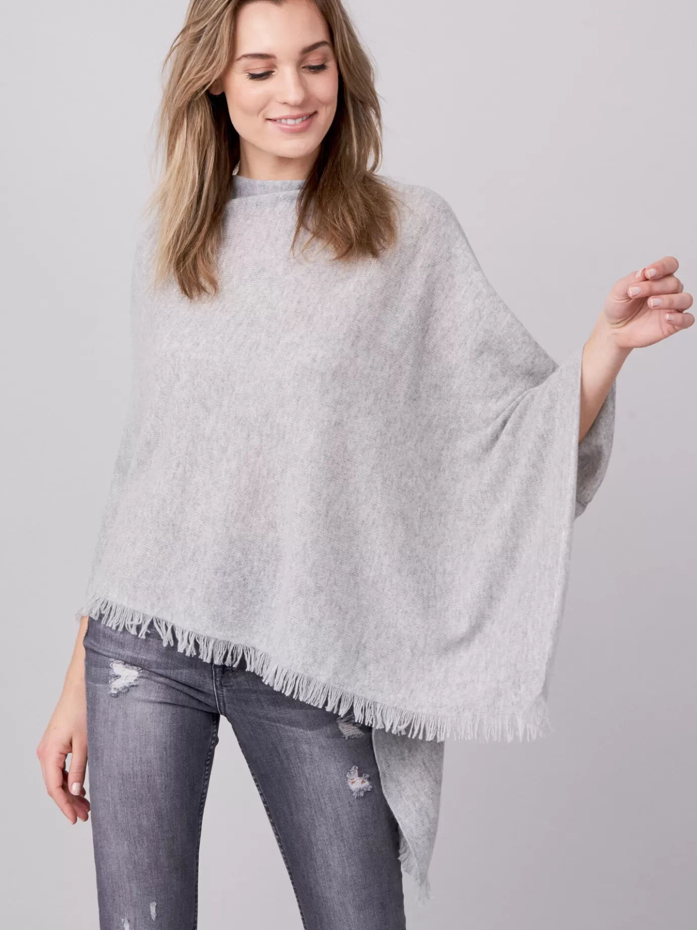 REPEAT cashmere Poncho's<Organisch Cashmere Poncho Met Franjes Zilver Grijs