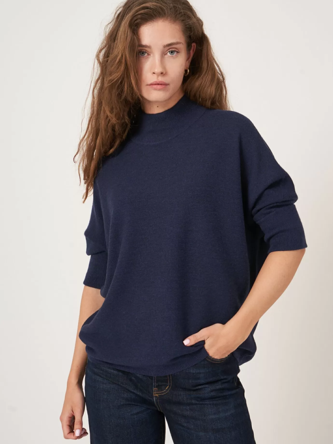 REPEAT cashmere Truien<Oversized 3/4 Batwingtrui Van Merinowol Donkerblauw