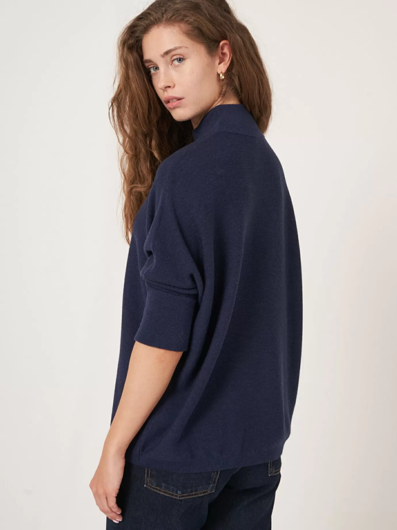 REPEAT cashmere Truien<Oversized 3/4 Batwingtrui Van Merinowol Donkerblauw