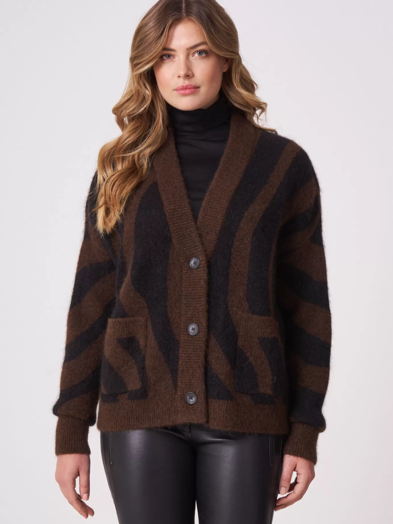 REPEAT cashmere Truien<Oversized Gebreide Intarsia V-Hals Trui Bruin Zwart