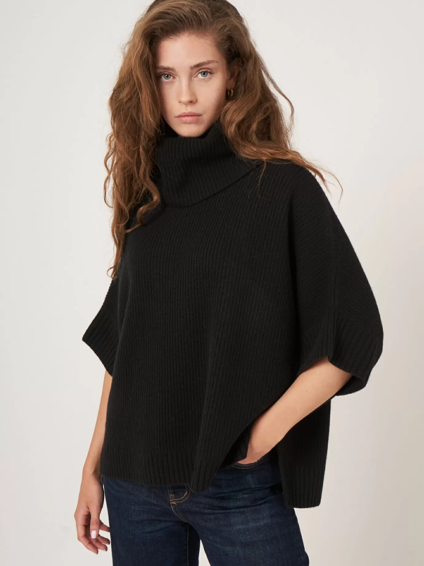 REPEAT cashmere Truien<Oversized Ponchotrui Met Rolkraag Zwart