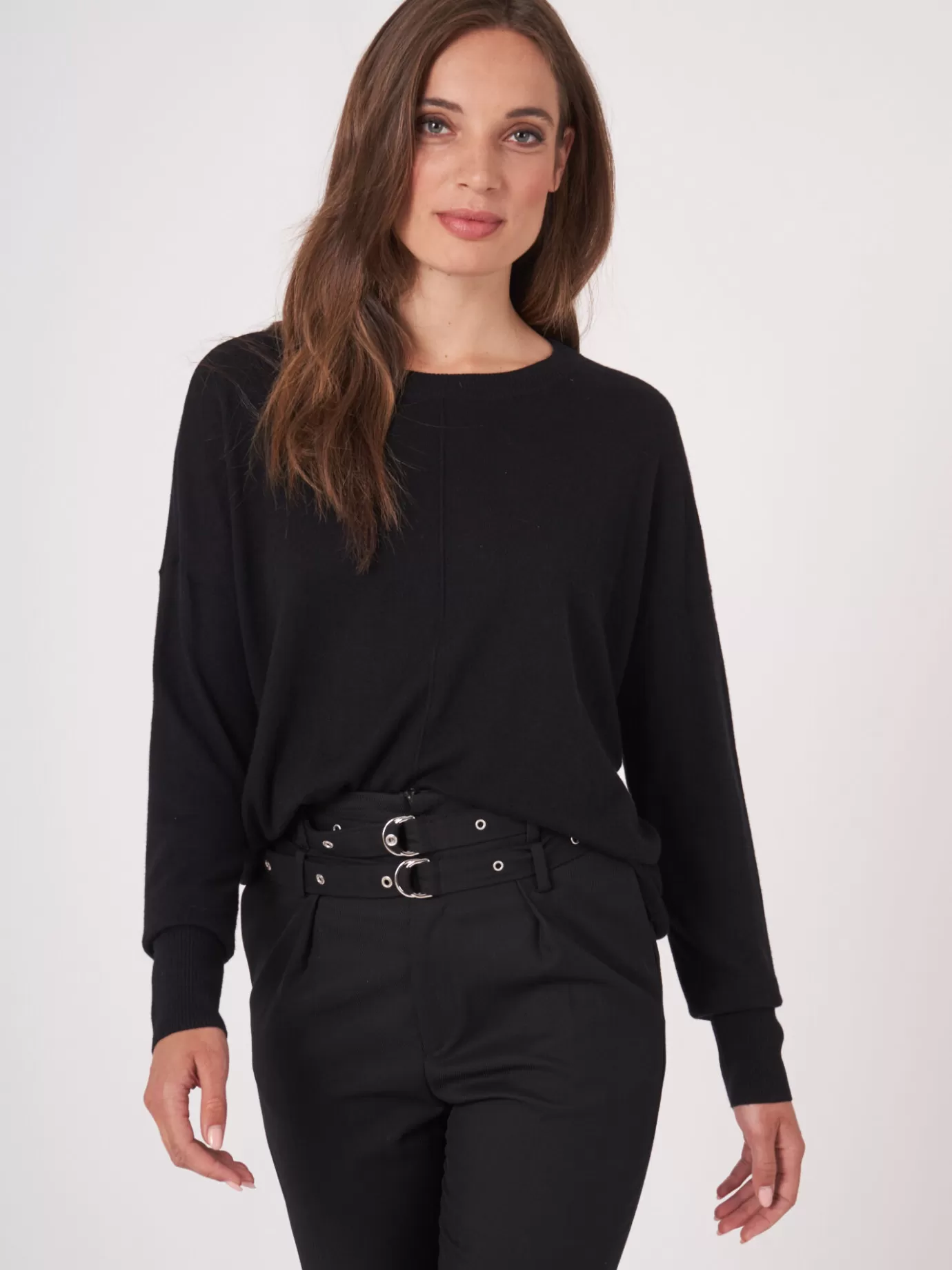 REPEAT cashmere Truien<Oversized Trui Met Deelnaad Van Cashmere Melange Zwart