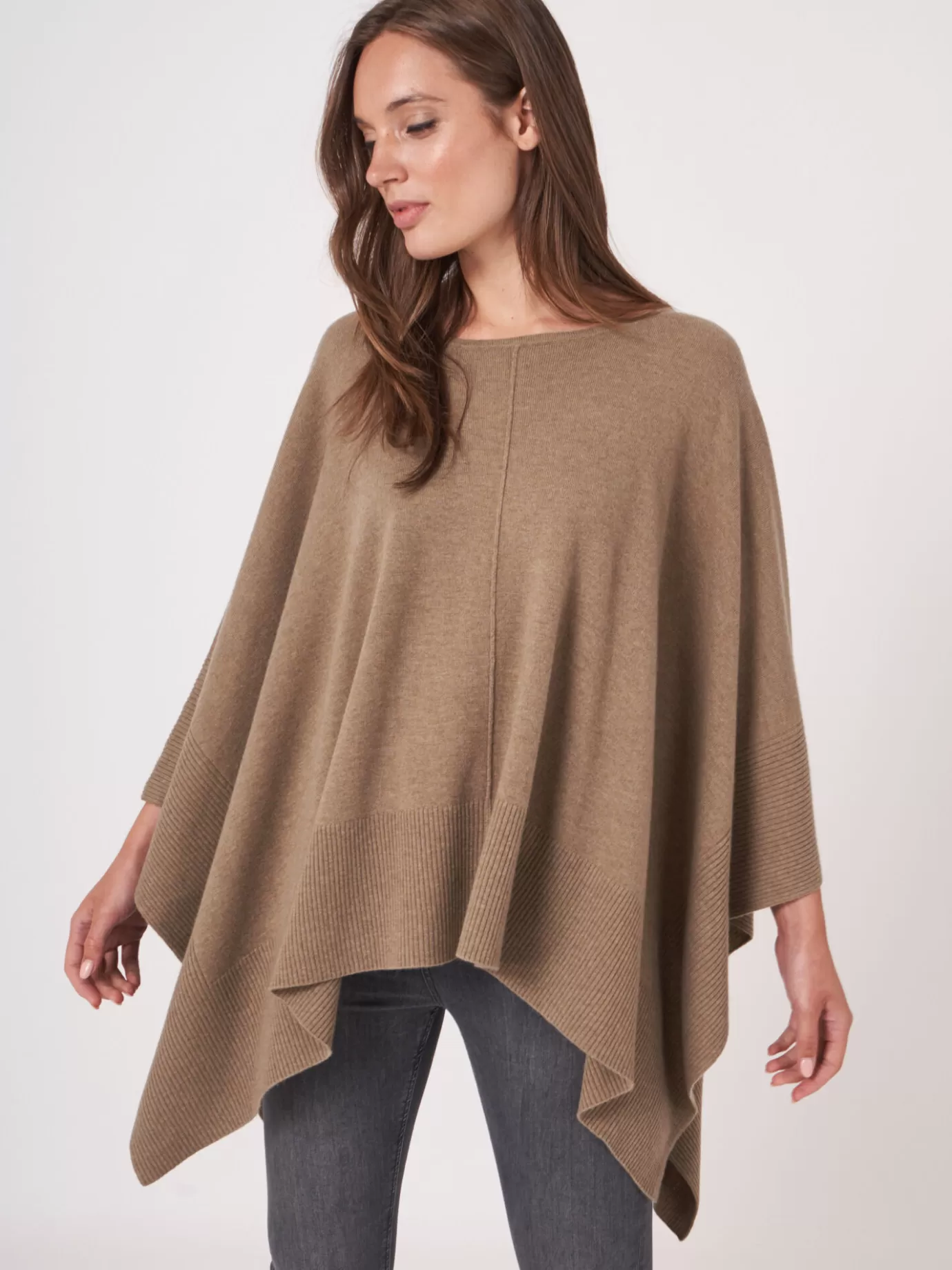 REPEAT cashmere Poncho's<Poncho Met Deelnaad En Geribde Zoom Taupe