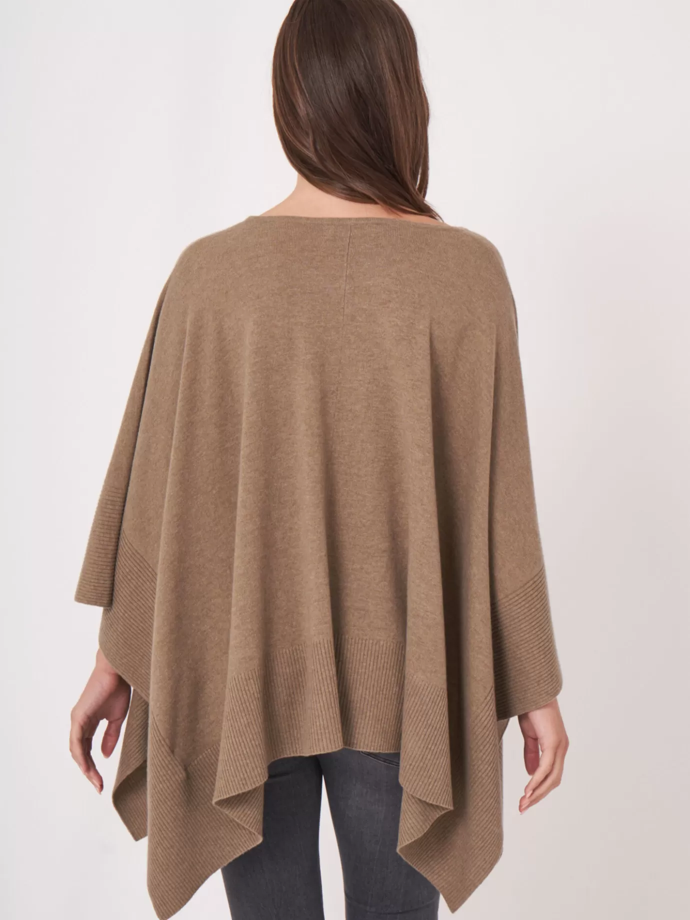 REPEAT cashmere Poncho's<Poncho Met Deelnaad En Geribde Zoom Taupe