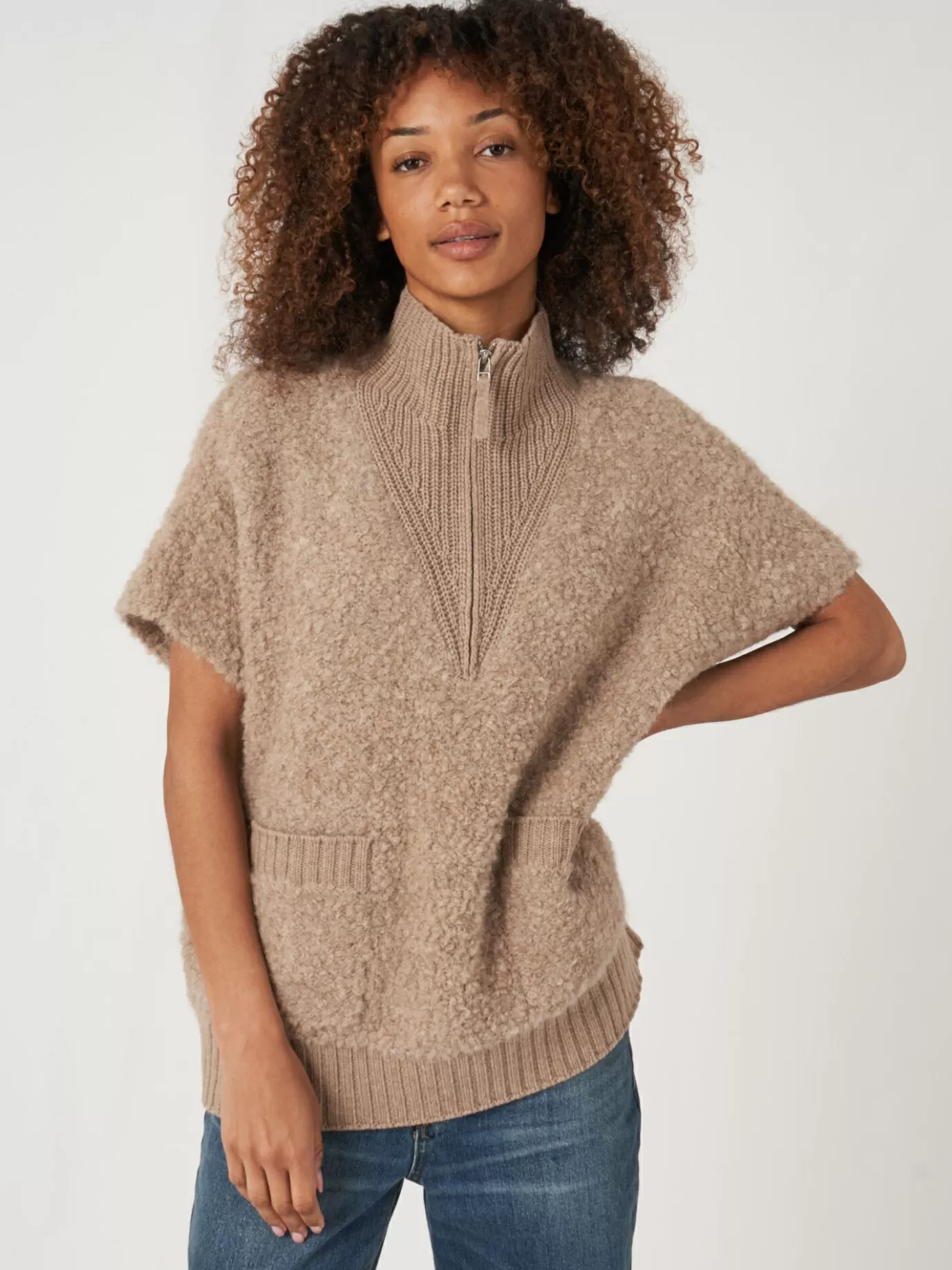 REPEAT cashmere Truien<Poncho Trui Met Gebreide Ritskraag Van Italiaanse Garen Beige