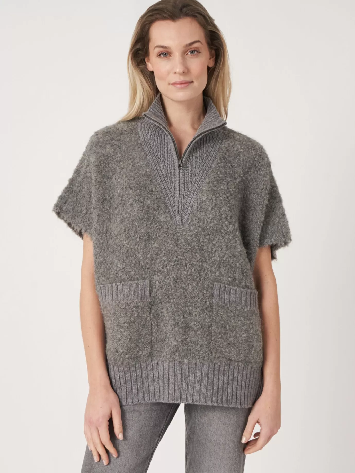 REPEAT cashmere Truien<Poncho Trui Met Gebreide Ritskraag Van Italiaanse Garen Grijs