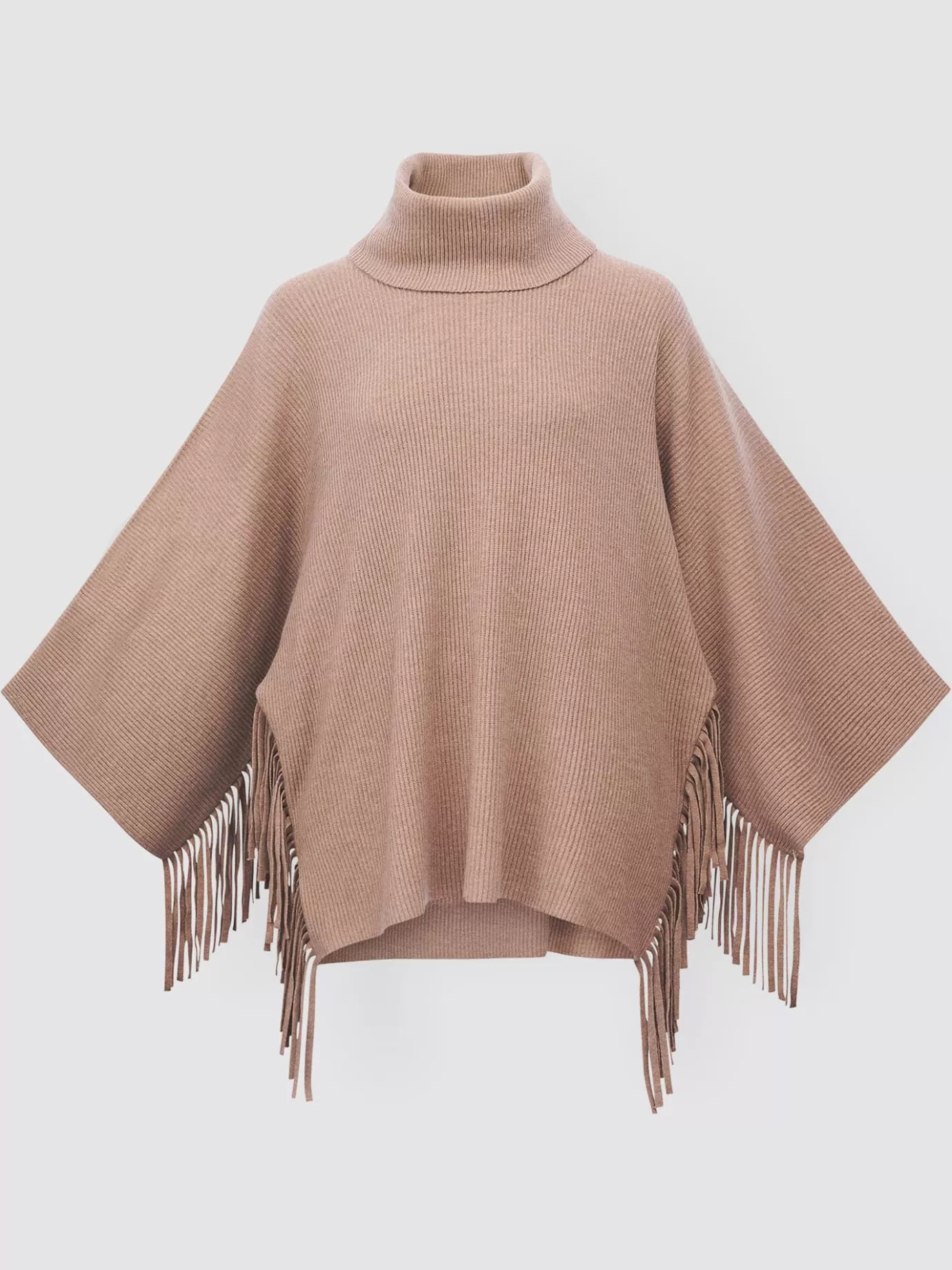 REPEAT cashmere Poncho's<Poncho Trui Met Rolkraag En Franjes Taupe