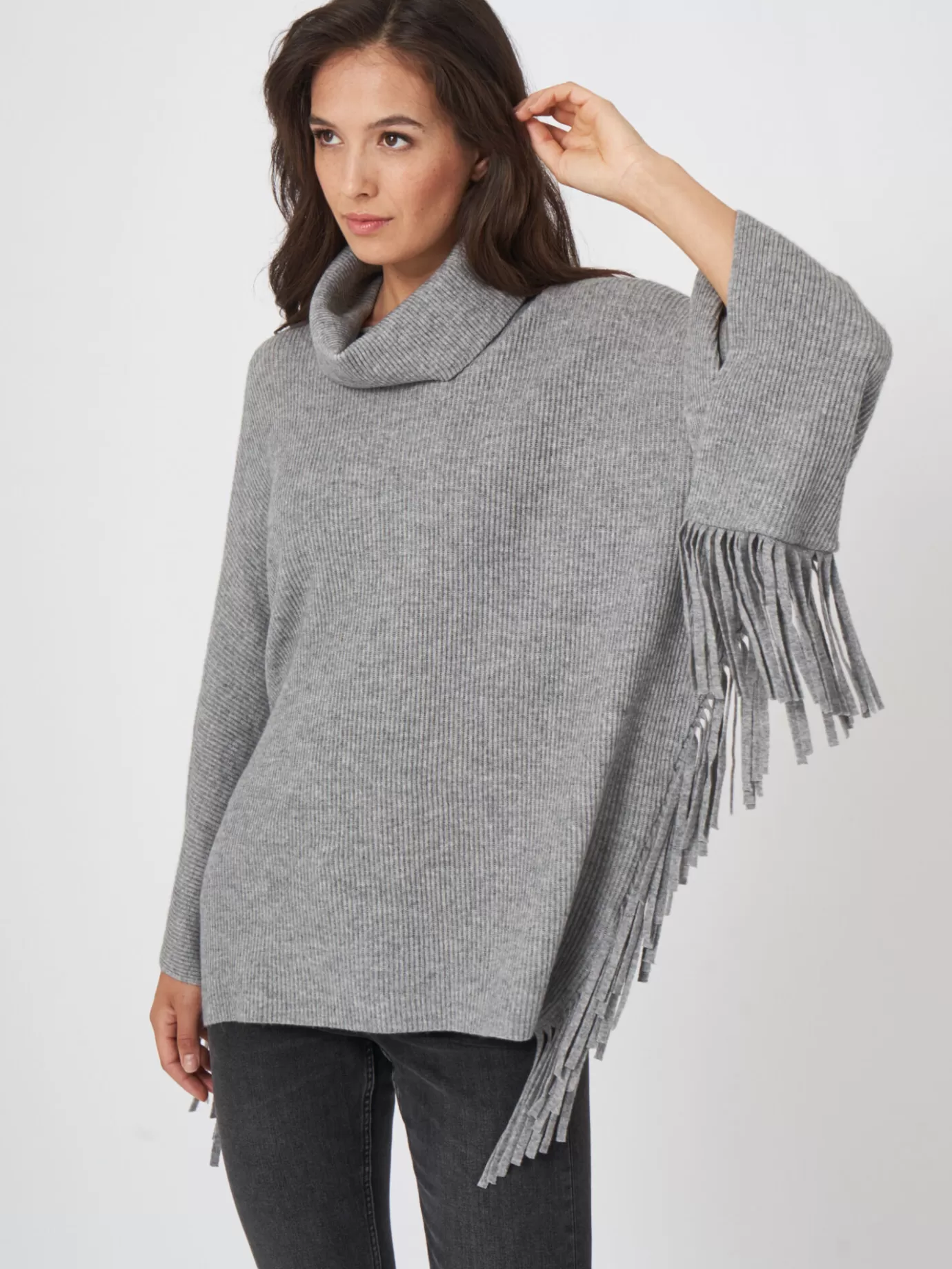 REPEAT cashmere Poncho's<Poncho Trui Met Rolkraag En Franjes Lichtgrijs