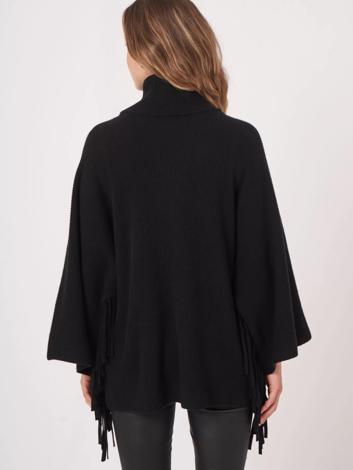 REPEAT cashmere Poncho's<Poncho Trui Met Rolkraag En Franjes Zwart