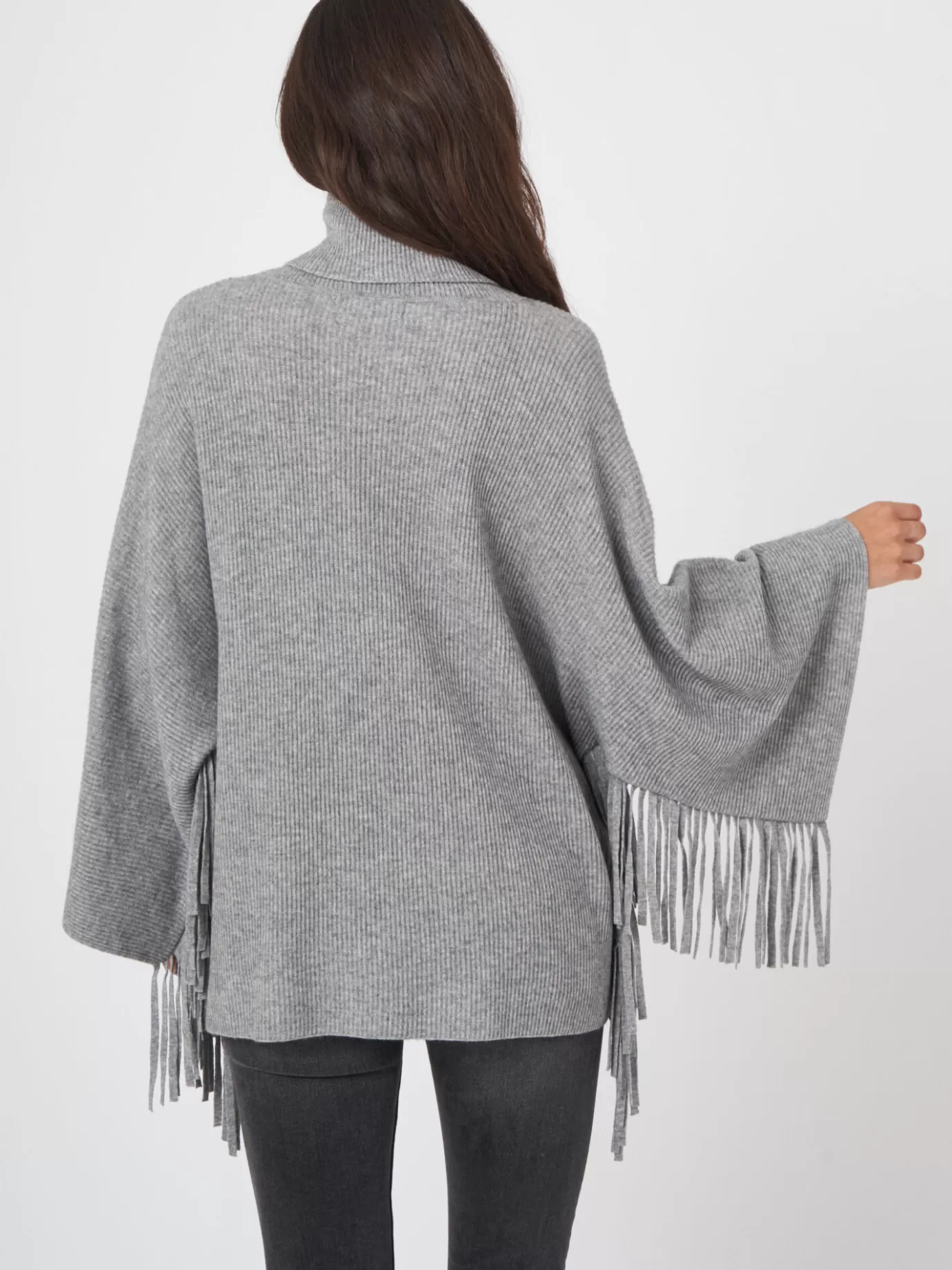 REPEAT cashmere Poncho's<Poncho Trui Met Rolkraag En Franjes Lichtgrijs