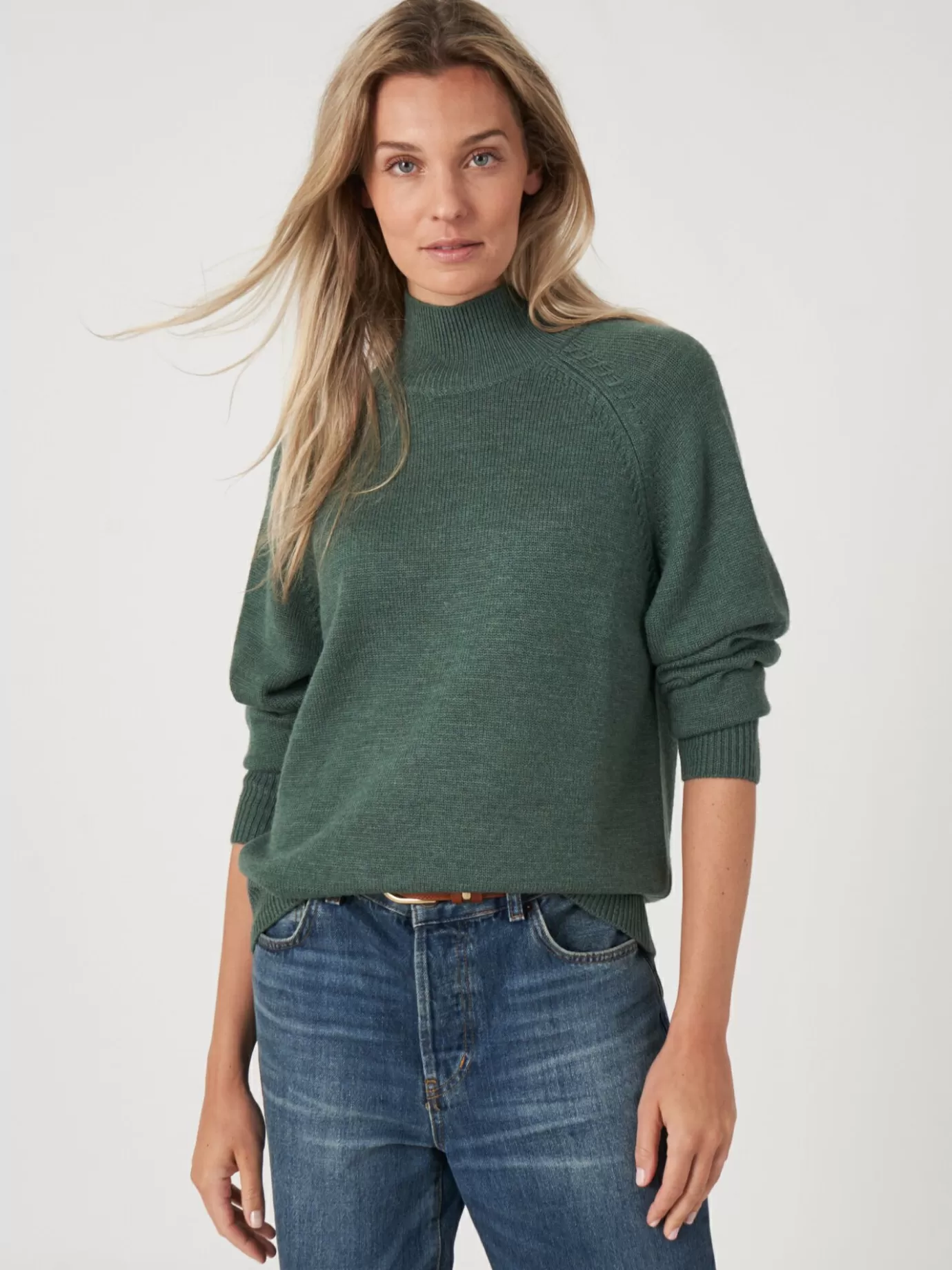 REPEAT cashmere Truien<Raglantrui Met Opstaande Kraag Van Merinowol Algen