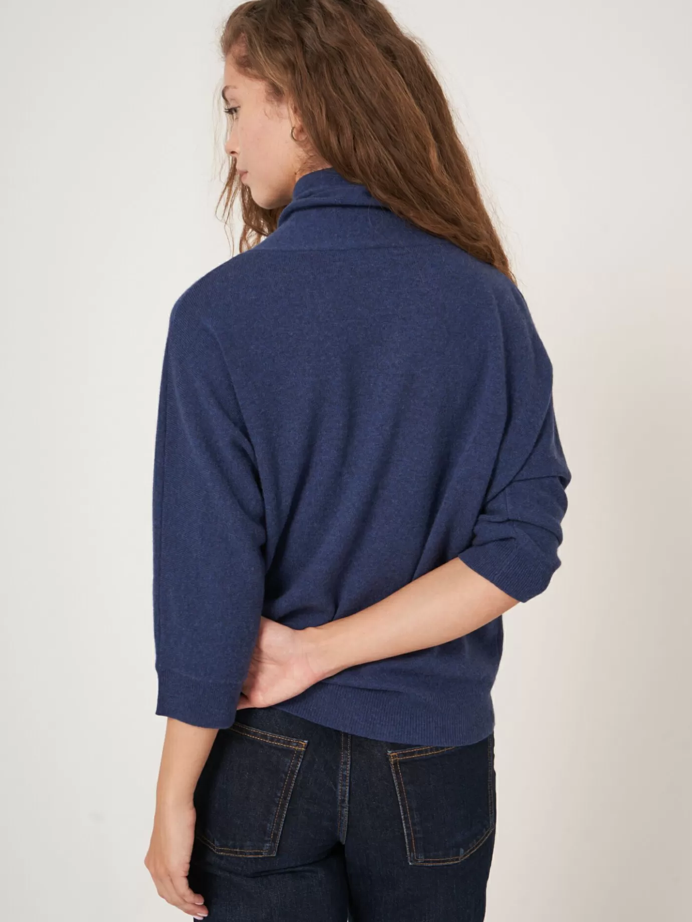 REPEAT cashmere Truien<Sportieve Cashmere Trui Met Opstaande Kraag Met Trekkoord Saffier