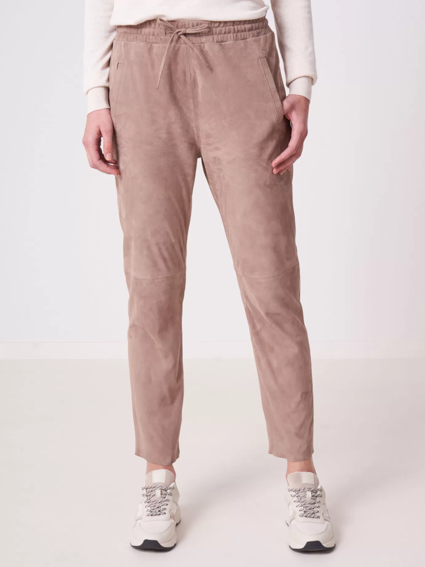 REPEAT cashmere Broeken<Suede Leren Broek Met Elastische Tailleband Taupe