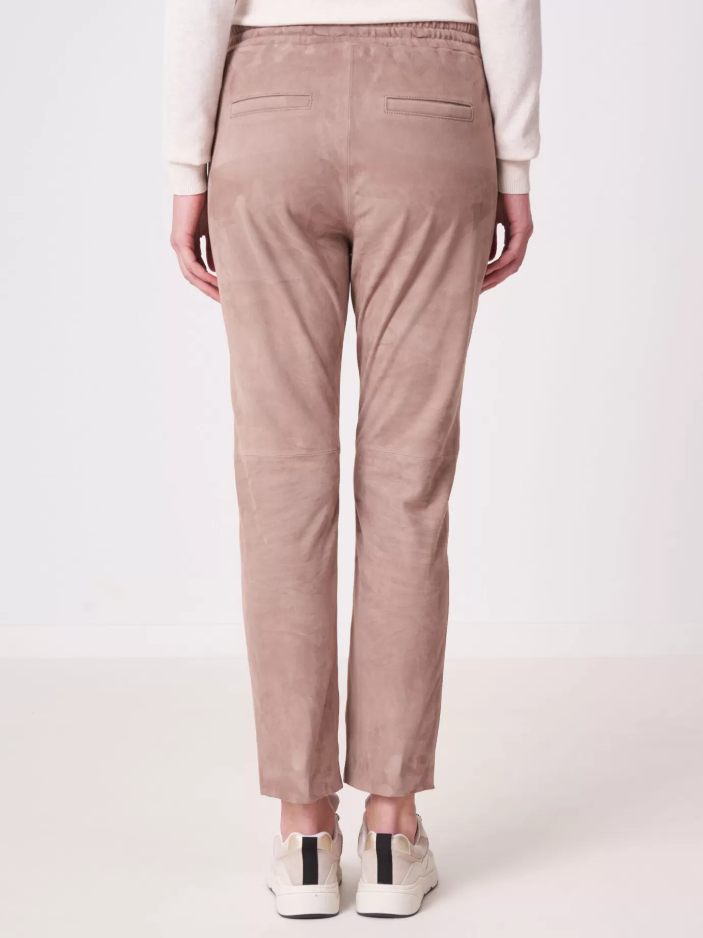 REPEAT cashmere Broeken<Suede Leren Broek Met Elastische Tailleband Taupe