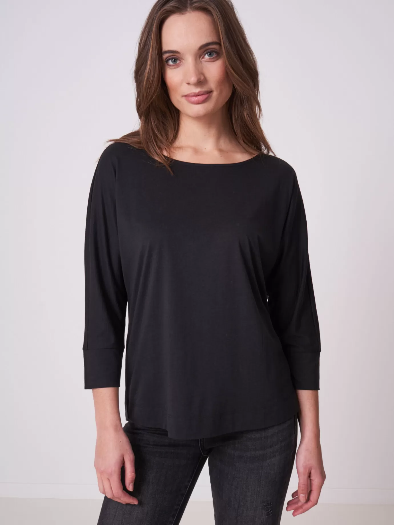 REPEAT cashmere Tops<Top Met 3/4 Vleermuismouwen Zwart