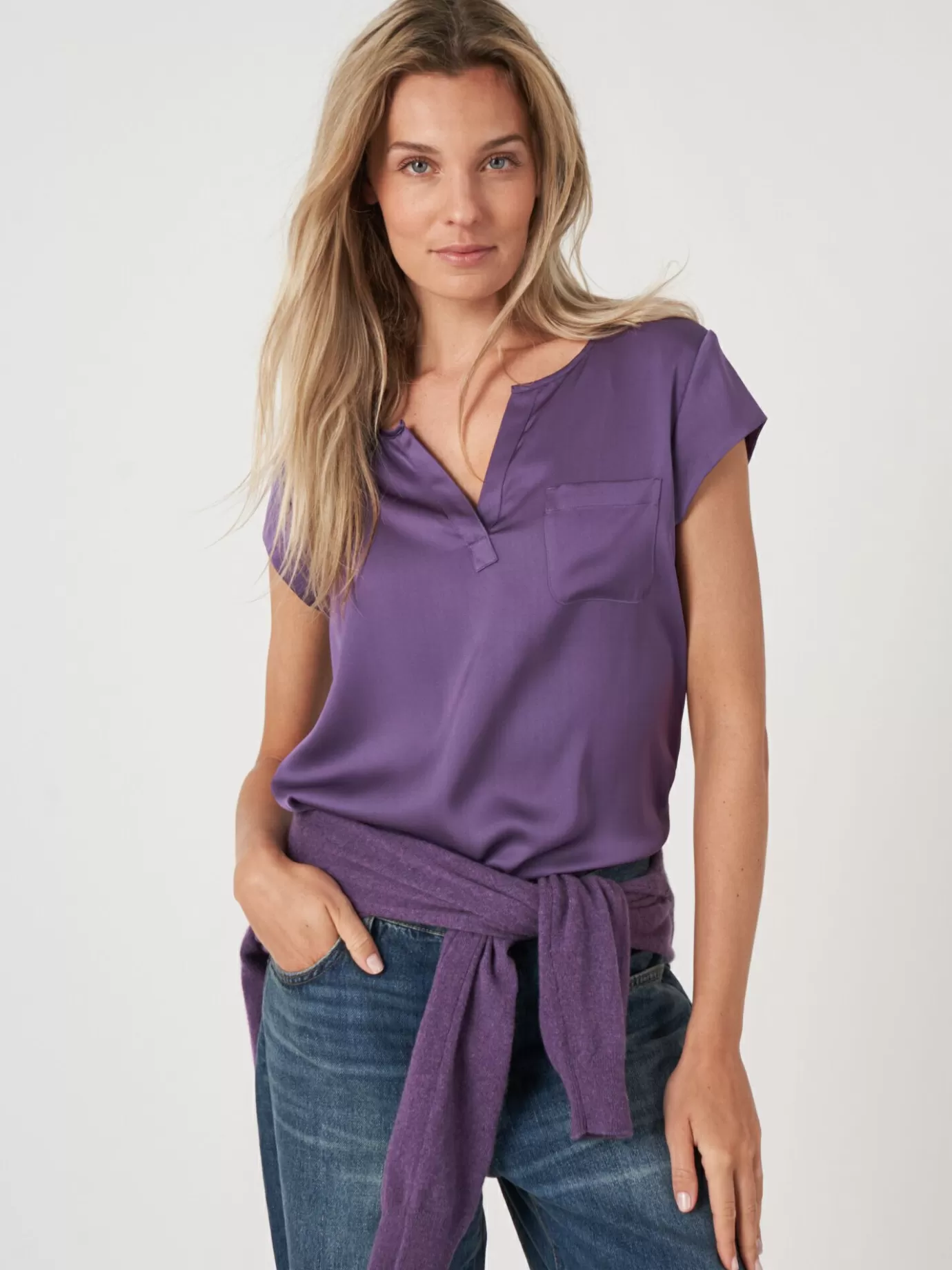 REPEAT cashmere Blouses<Top Met Borstzakje Amethist