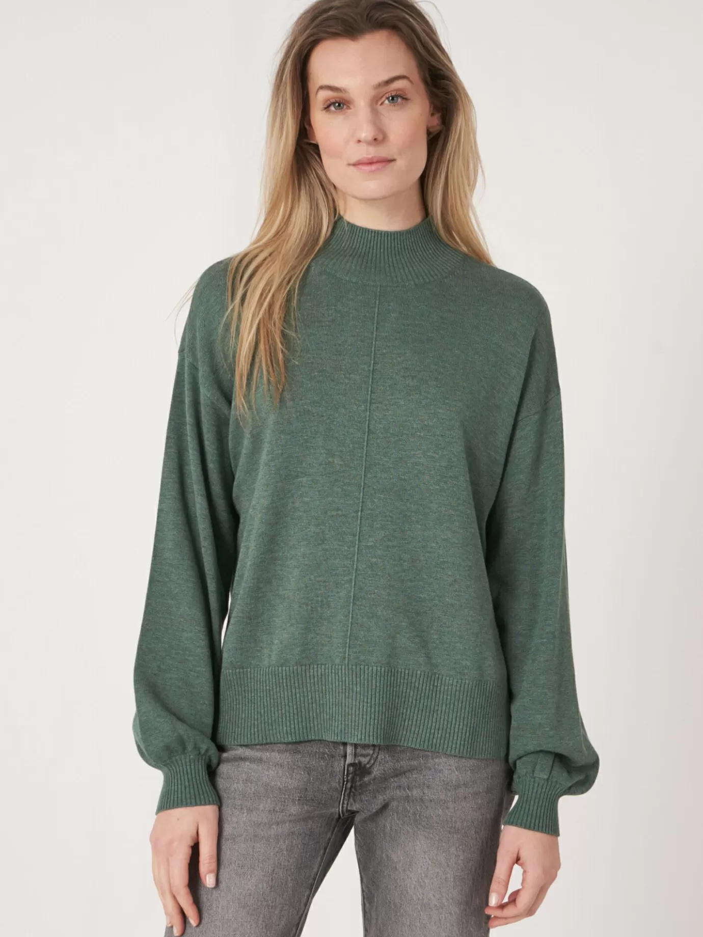 REPEAT cashmere Truien<Trui Met Hoge Hals En Pofmouwen Van Katoen-Mix Kelp