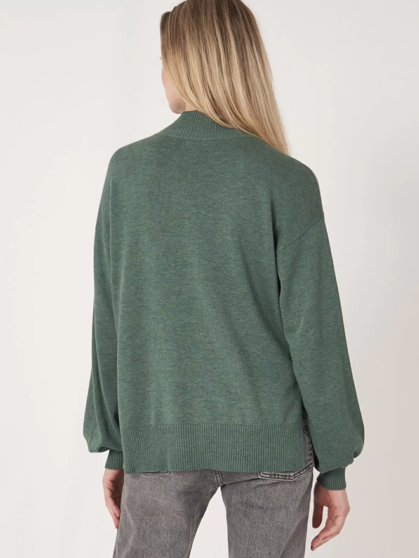 REPEAT cashmere Truien<Trui Met Hoge Hals En Pofmouwen Van Katoen-Mix Kelp