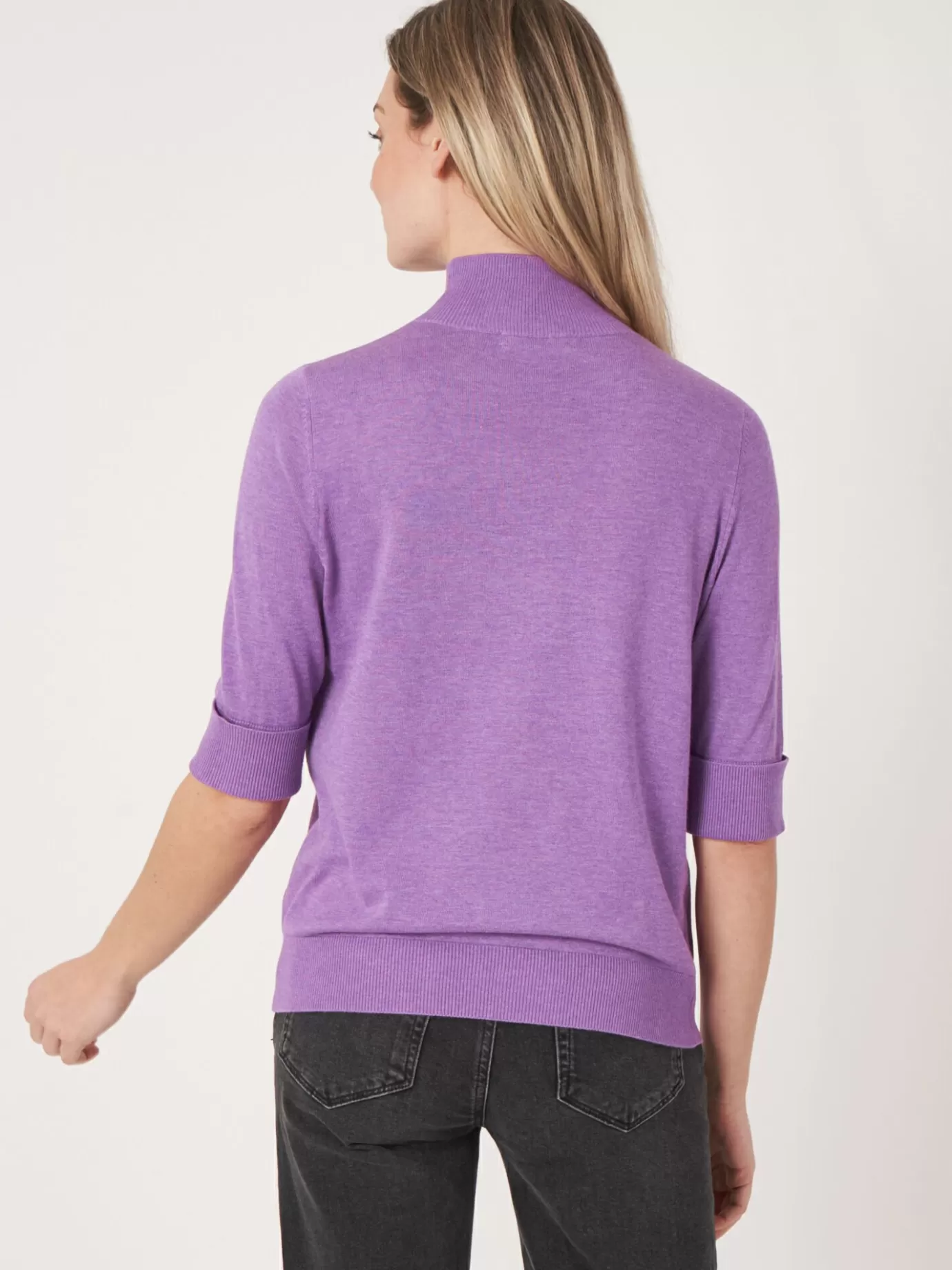 REPEAT cashmere Truien<Trui Met Korte Mouwen En Opstaande Kraag Van Katoen-Mix Lila