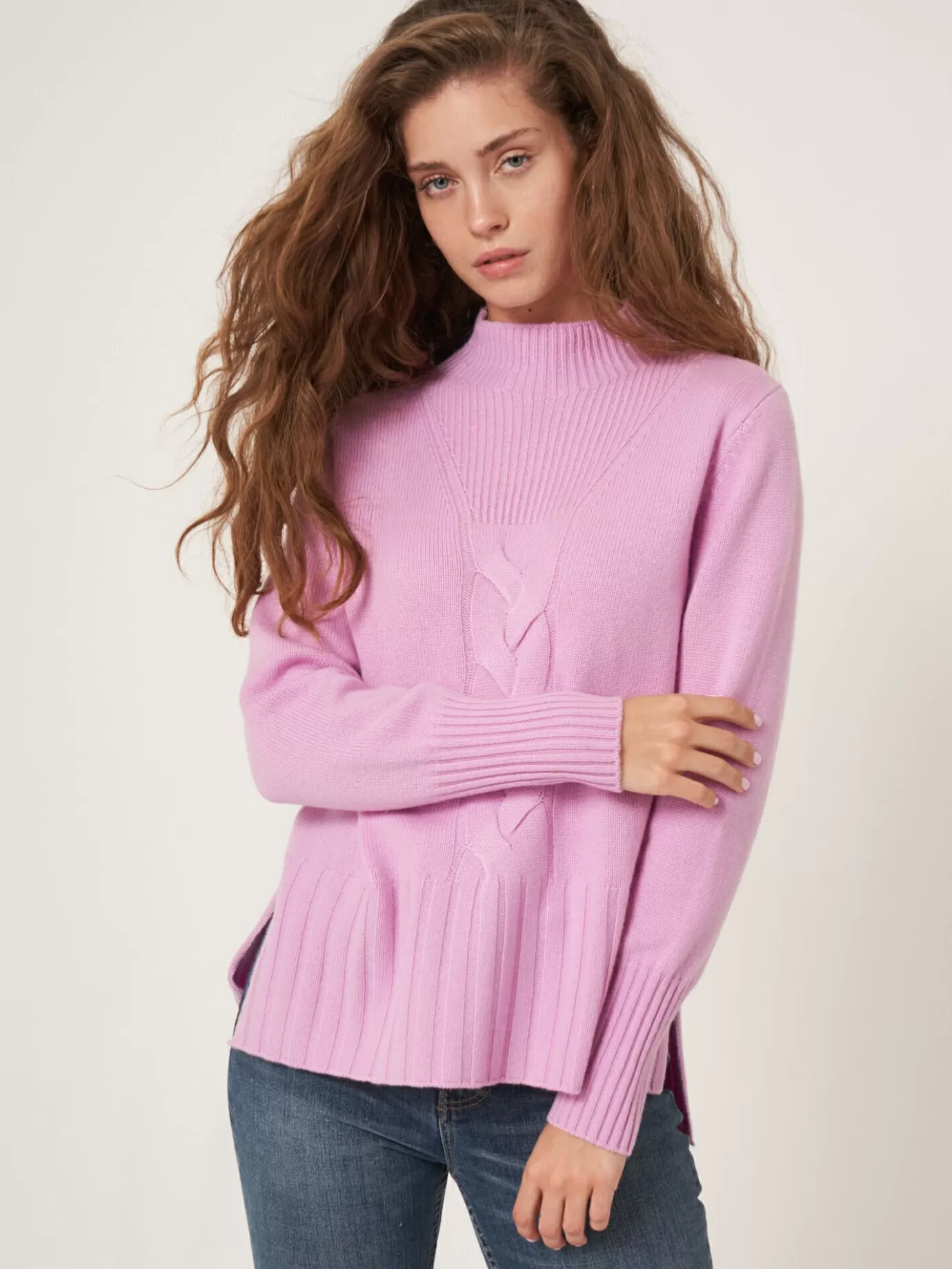 REPEAT cashmere Truien<Trui Met Opstaande Kraag En Kabelpatroon Detail Snoep