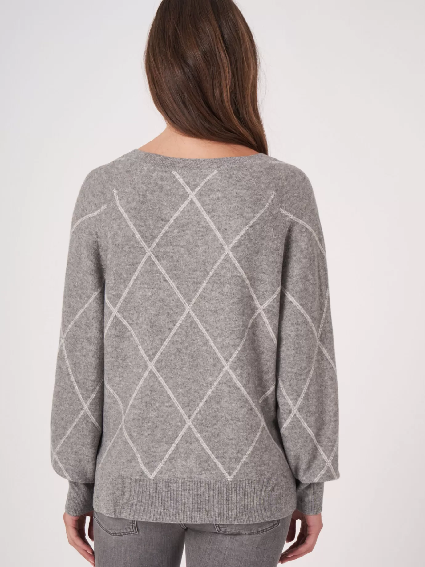 REPEAT cashmere Truien<Tweekleurige Trui Met Boothals En Intarsia Ruitjespatroon Lichtgrijs